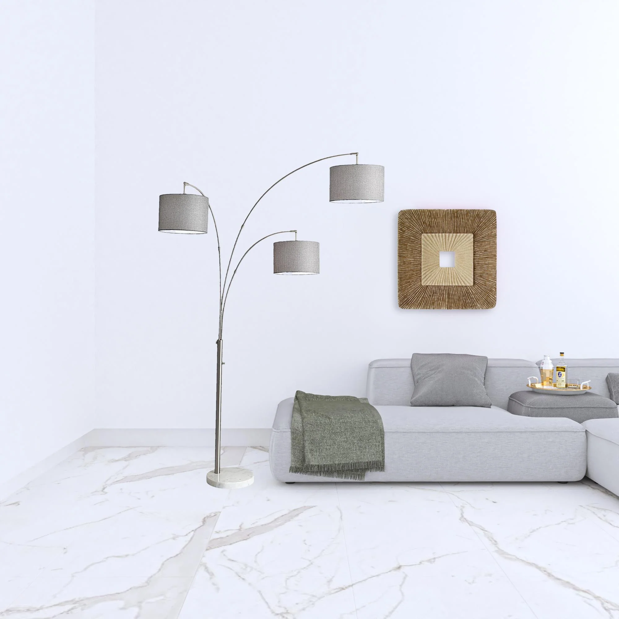 Three Light Floor Lamp Brushed Steel Metal Arc Arms - Image 2