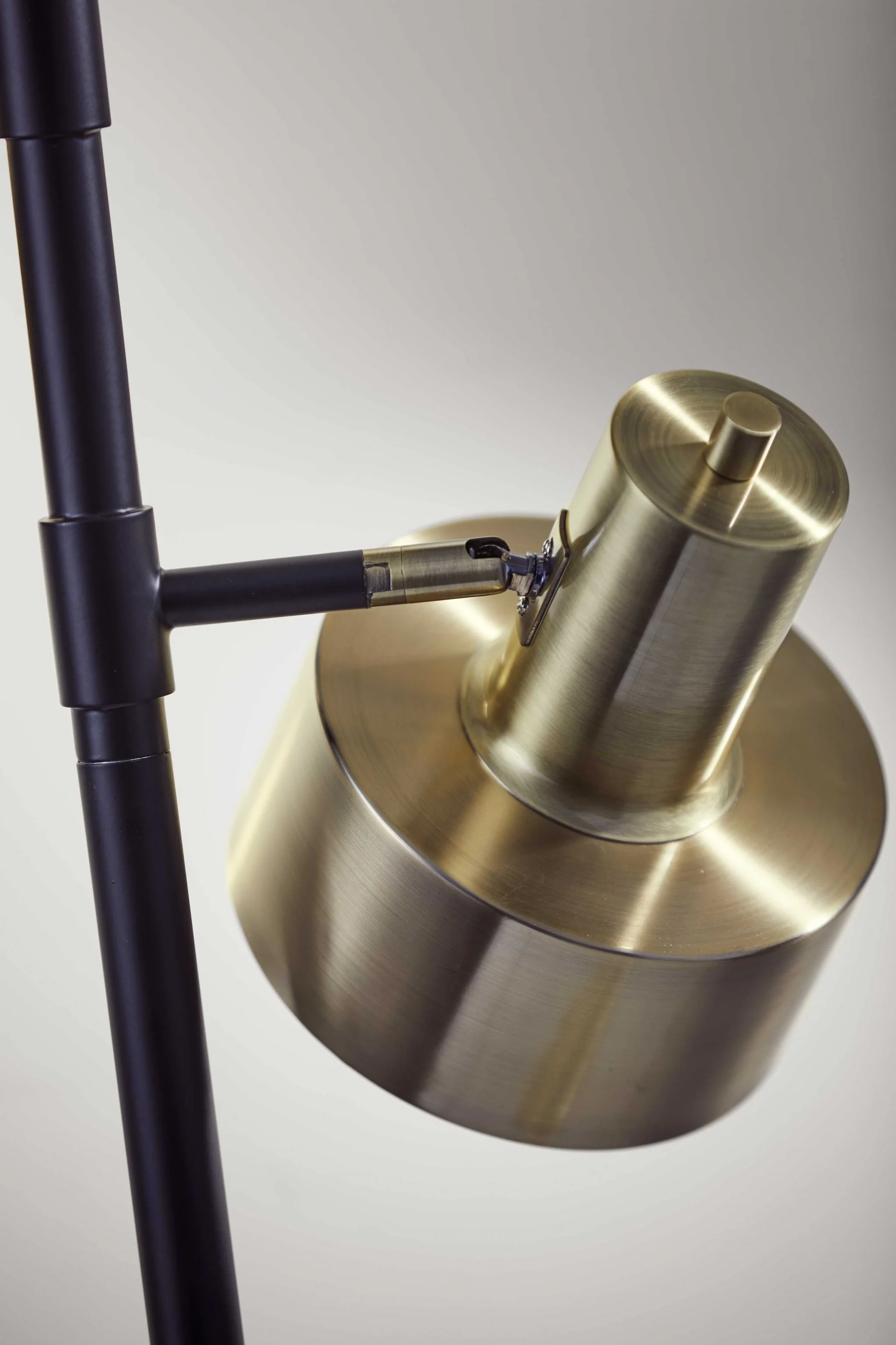 Three Light Floor Lamp with Matte Black Pole and Adjustable Antique Brass Metal Shades By Homeroots - Image 2