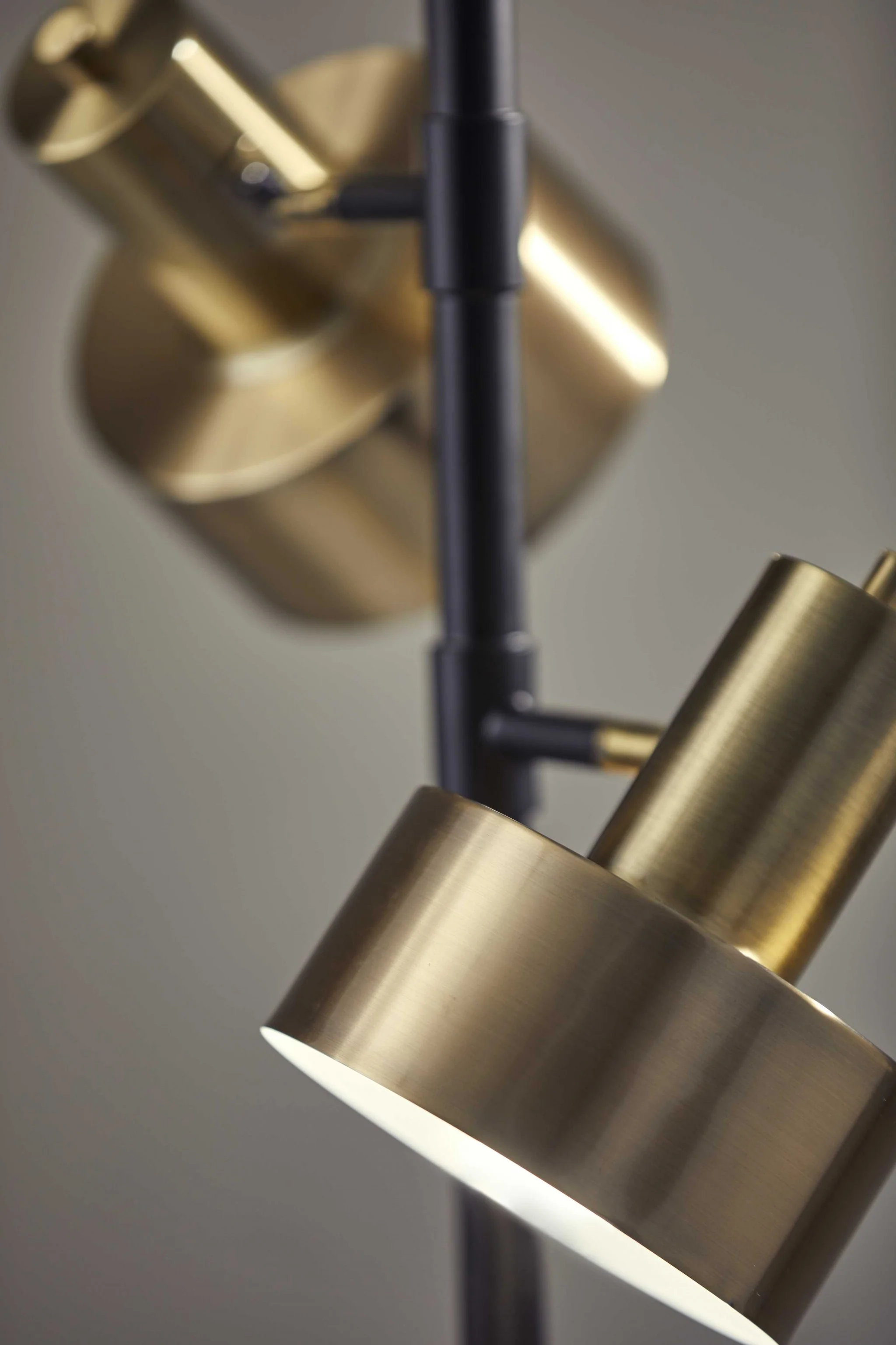 Three Light Floor Lamp with Matte Black Pole and Adjustable Antique Brass Metal Shades By Homeroots - Image 4