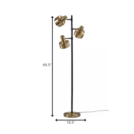 Three Light Floor Lamp with Matte Black Pole and Adjustable Antique Brass Metal Shades By Homeroots - Image 5