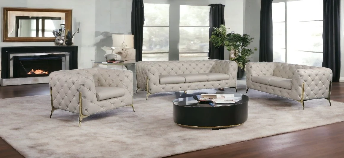 Three Piece Beige Italian Leather Six Person Seating Set By Homeroots - Image 2