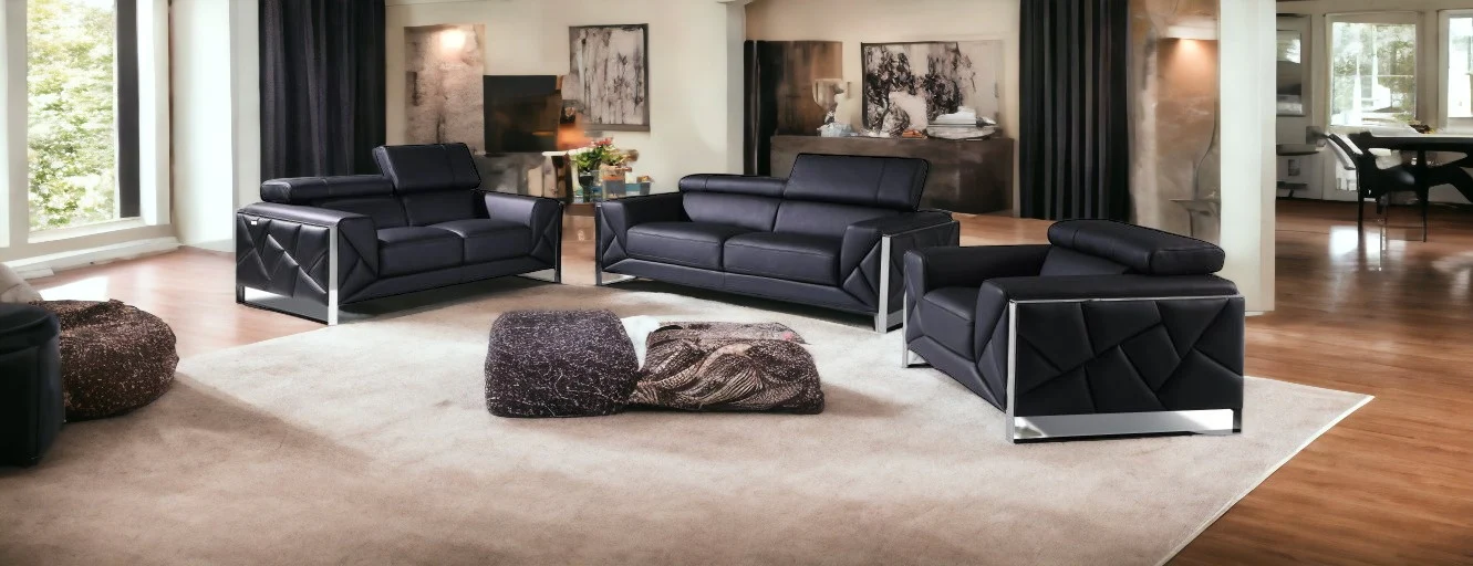 Three Piece Black Italian Leather Six Person Seating Set By Homeroots - Image 2