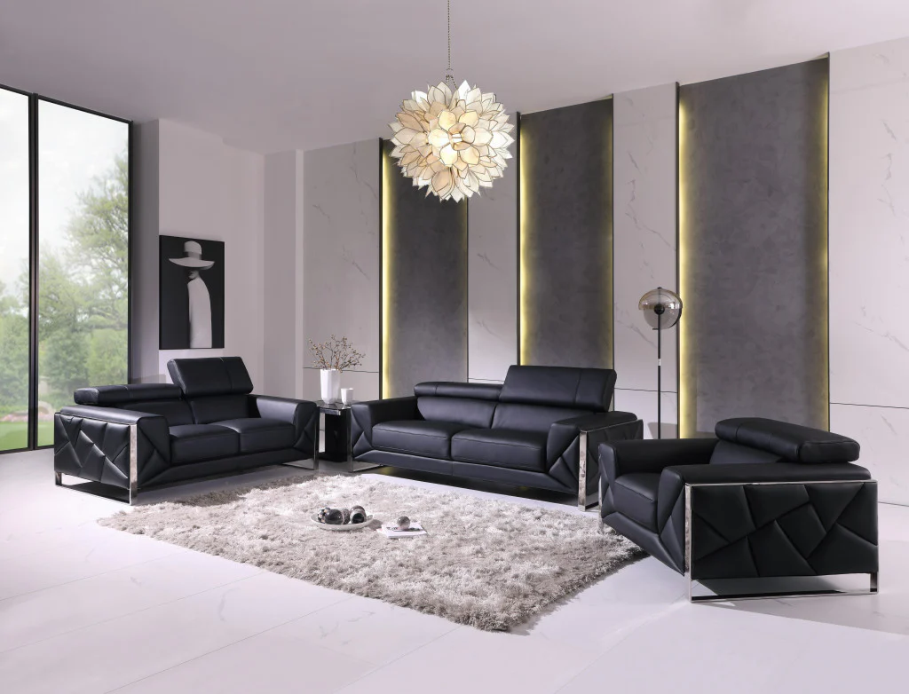 Three Piece Black Italian Leather Six Person Seating Set By Homeroots - Image 6