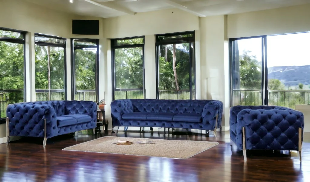 Three Piece Blue Velvet Six Person Seating Set By Homeroots - Image 3