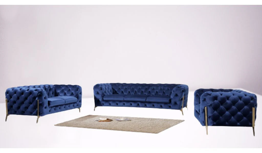 Three Piece Blue Velvet Six Person Seating Set By Homeroots - Image 6