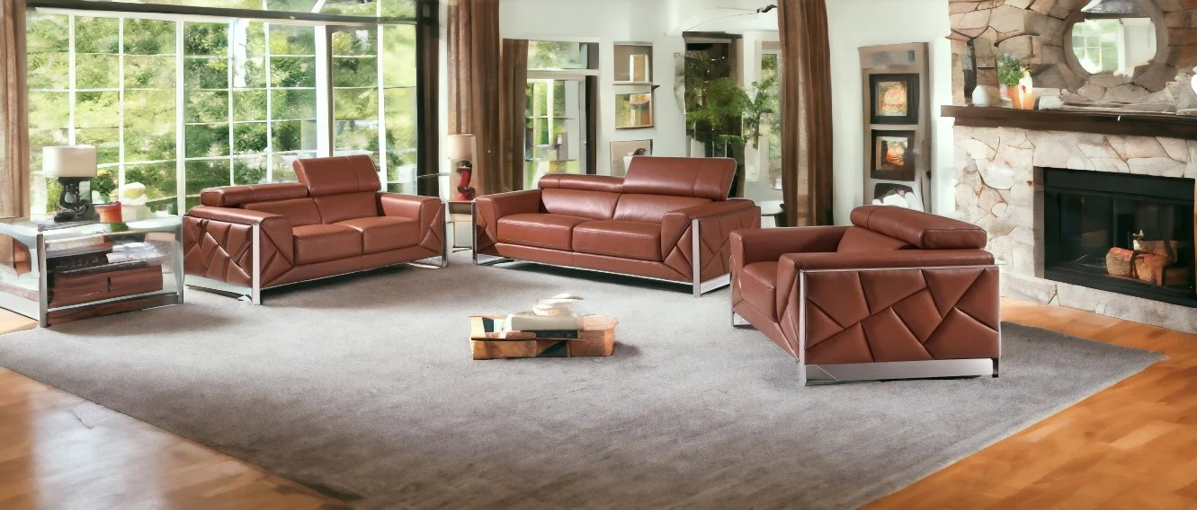 Three Piece Camel Italian Leather Six Person Seating Set By Homeroots - Image 2