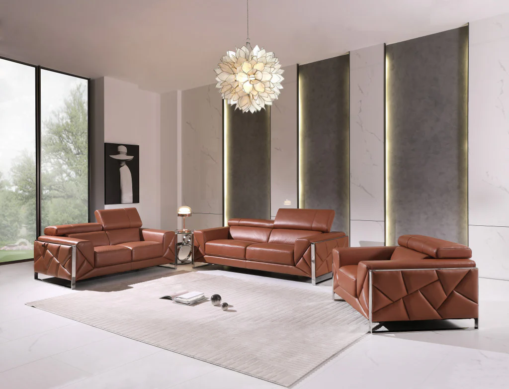 Three Piece Camel Italian Leather Six Person Seating Set By Homeroots - Image 6