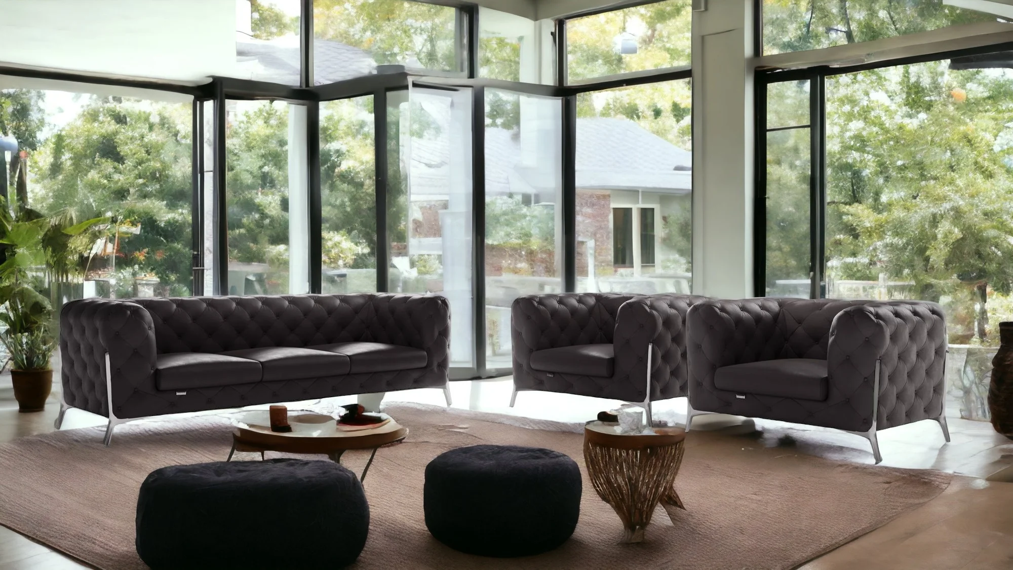 Three Piece Dark Gray Italian Leather Five Person Seating Set By Homeroots - Image 4