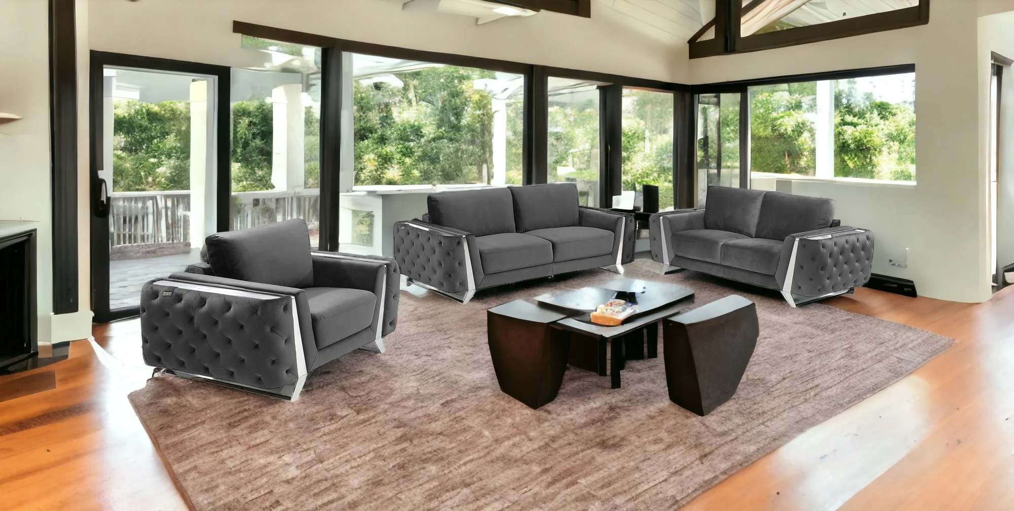 Three Piece Dark Gray Velvet Six Person Seating Set By Homeroots - Image 3