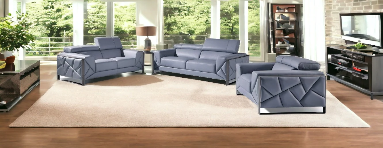 Three Piece Light Blue Italian Leather Six Person Seating Set By Homeroots - Image 2