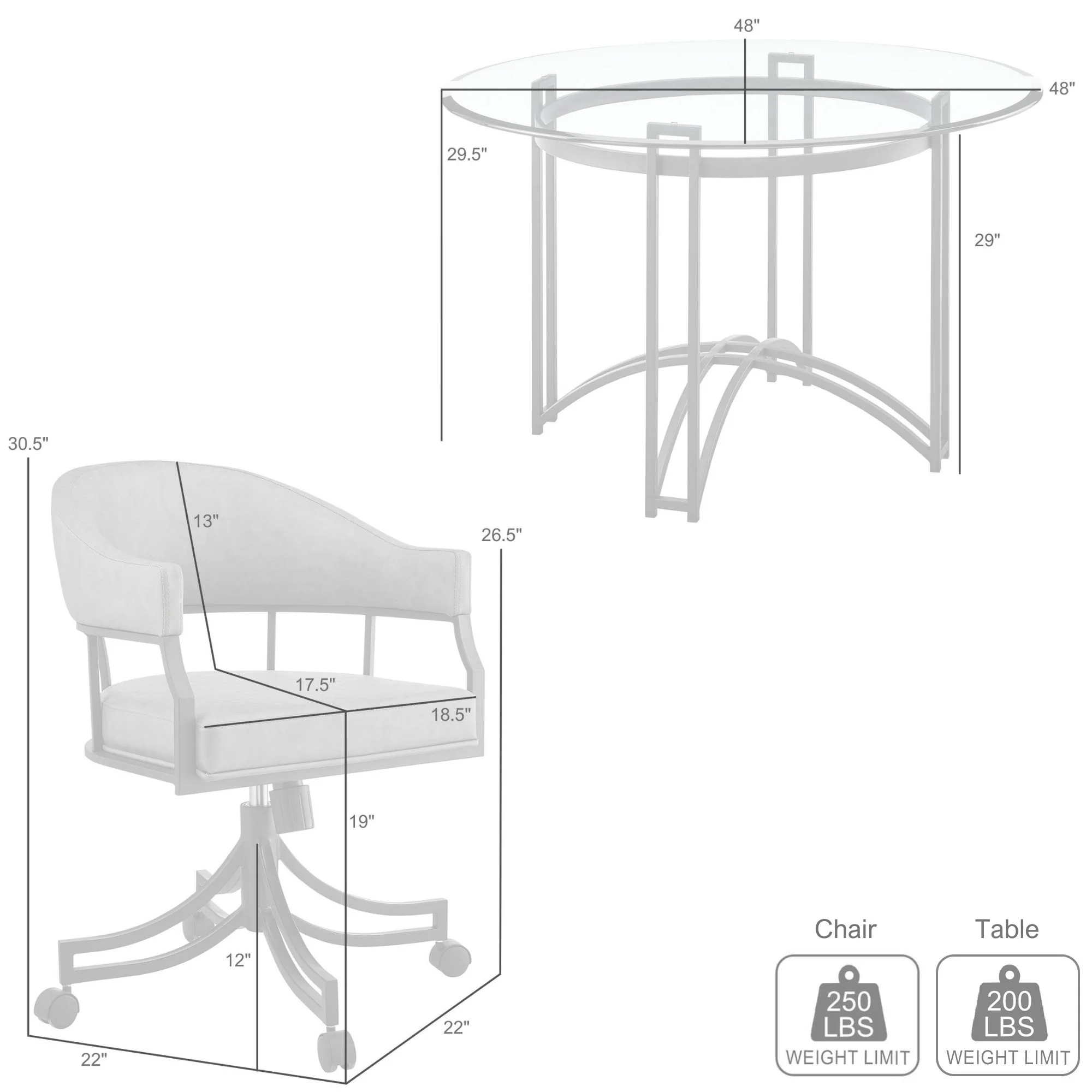 Tibet 5 Piece Dining Set with Round Glass Tabletop and Faux Leather Rolling Chairs By Armen Living - Image 10
