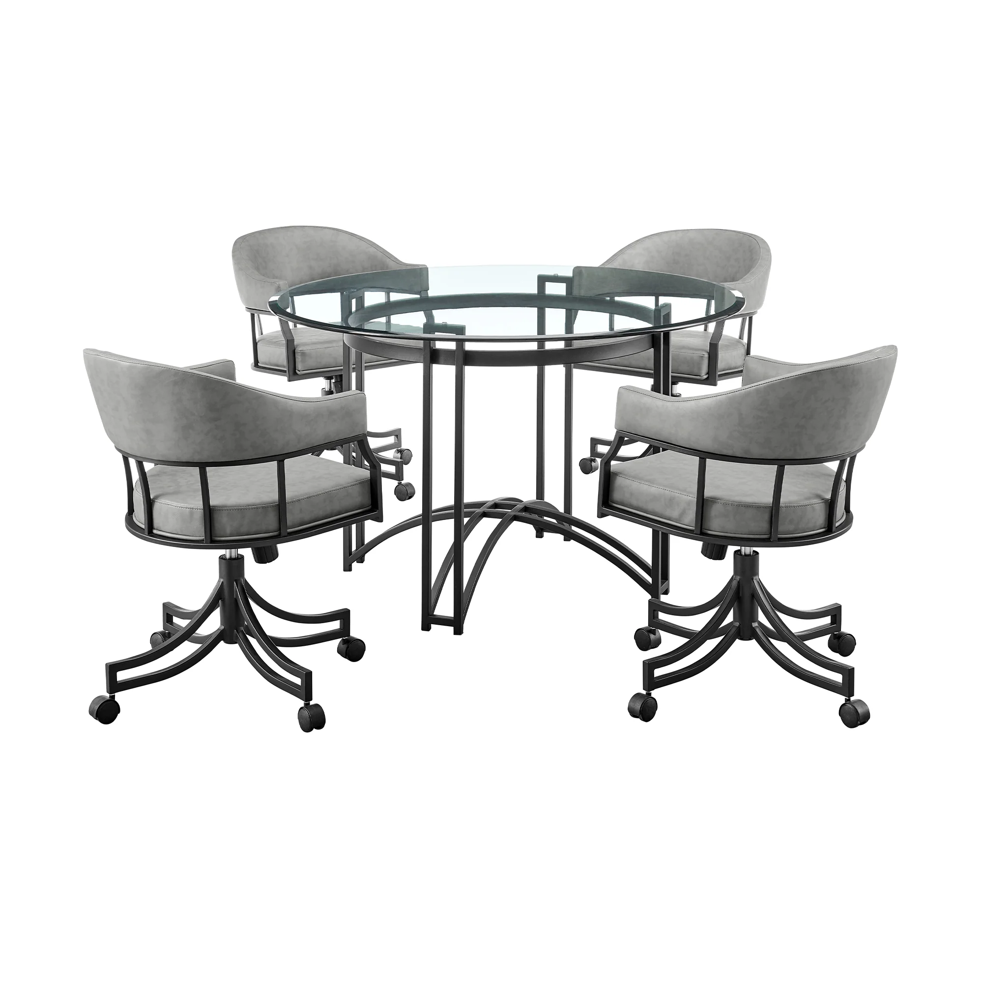 Tibet 5 Piece Dining Set with Round Glass Tabletop and Faux Leather Rolling Chairs By Armen Living - Image 2