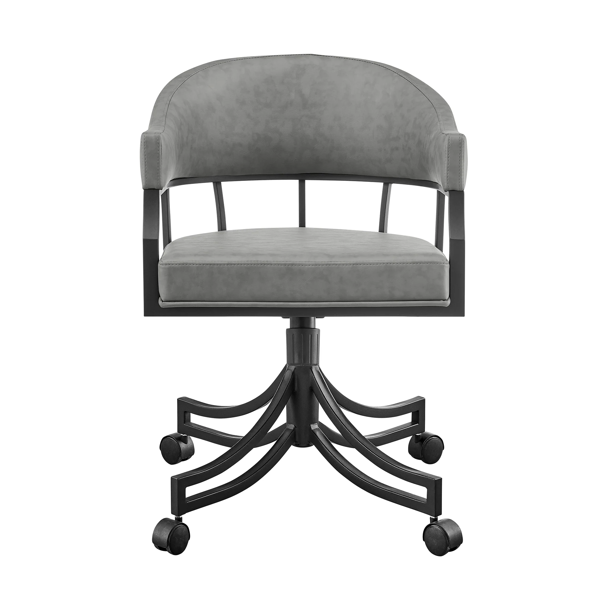 Tibet Swivel Tilt Rolling Dining Chair with Matte Black Iron and Vintage Gray Faux Leather By Armen Living - Image 4