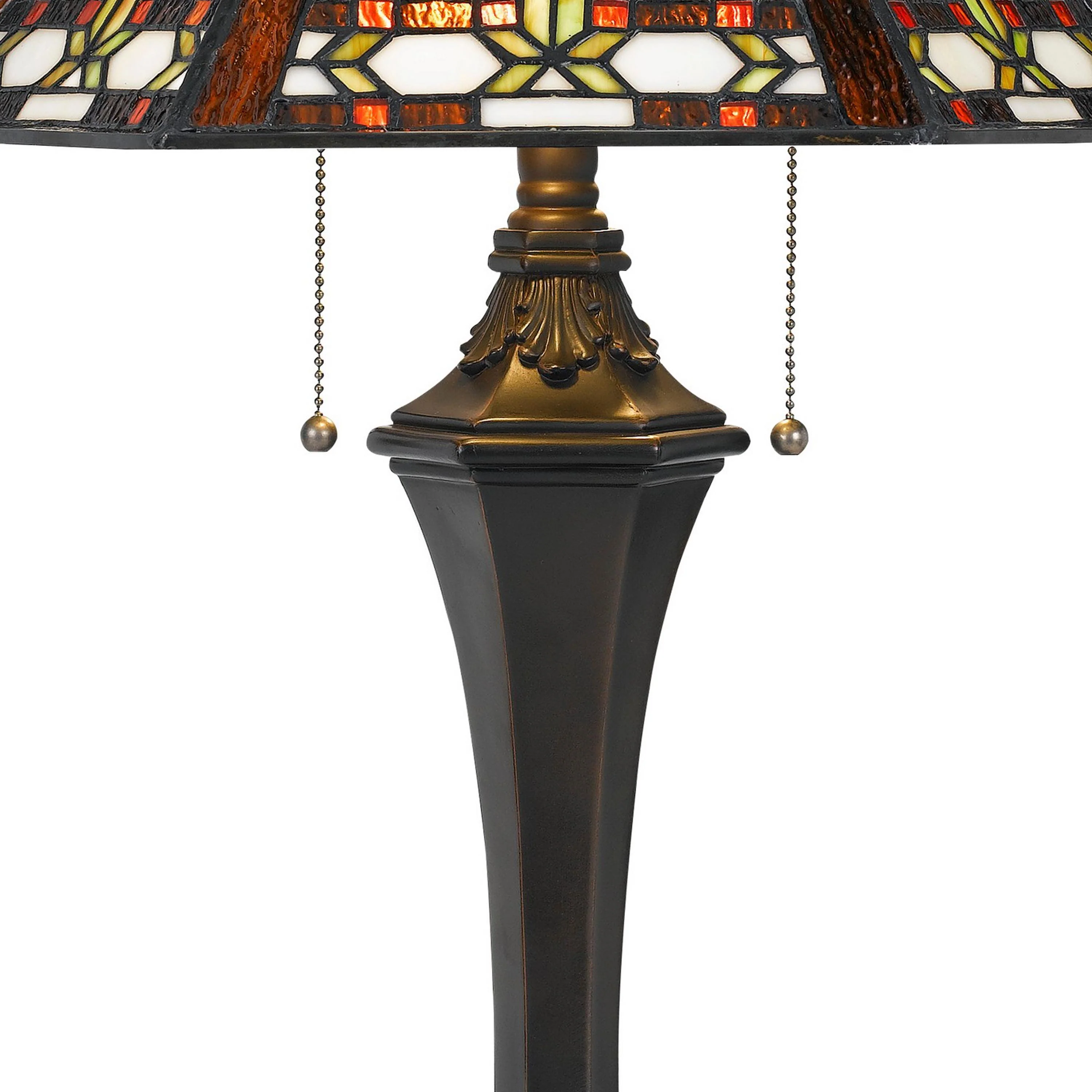Tiffany Table Lamp With 2 Pull Switches And Resin Pedestal Body, Bronze By Benzara - Image 4