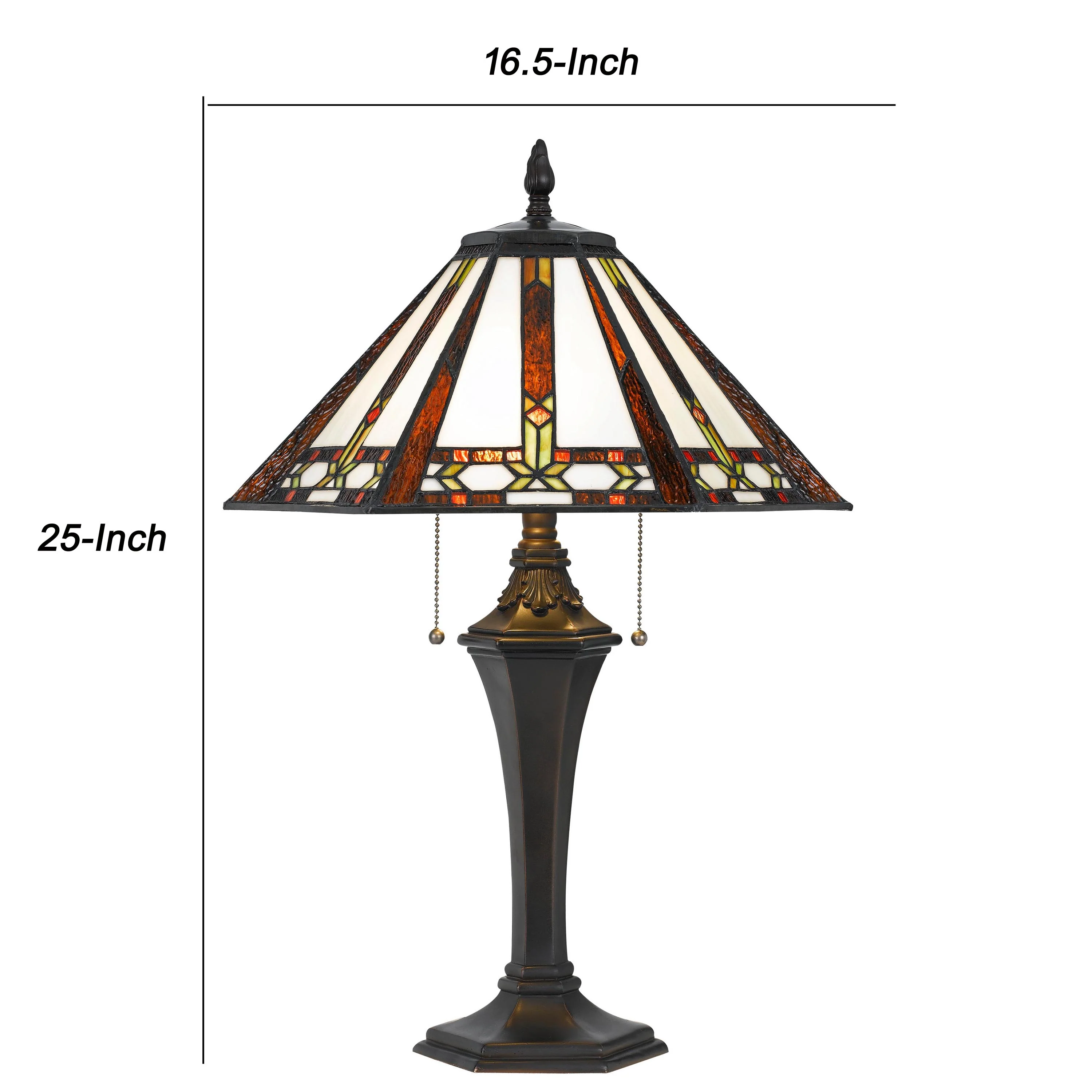 Tiffany Table Lamp With 2 Pull Switches And Resin Pedestal Body, Bronze By Benzara - Image 5