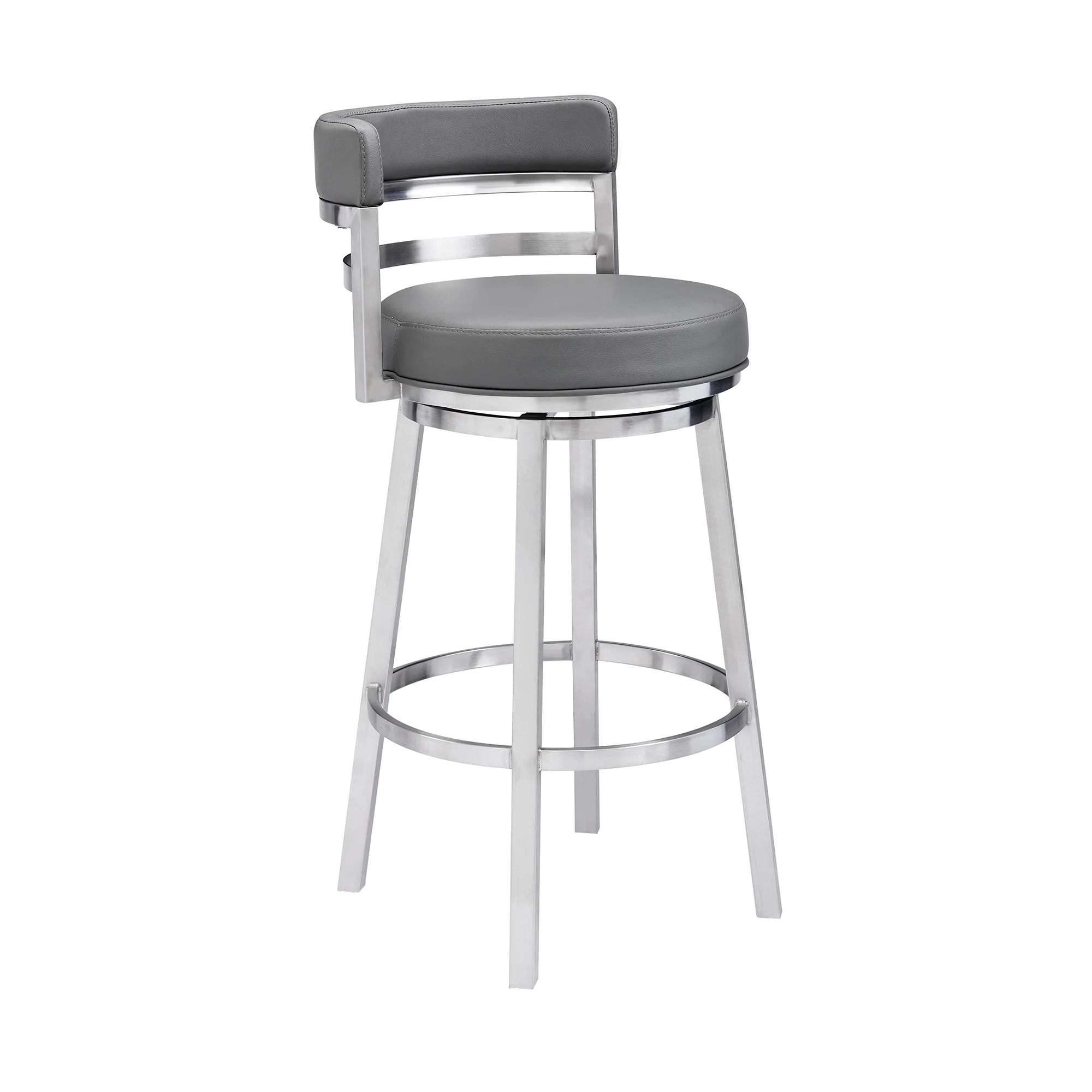 Titana 26" Counter Height Swivel Grey Faux Leather and Brushed Stainless Steel Bar Stool By Armen Living - Image 2