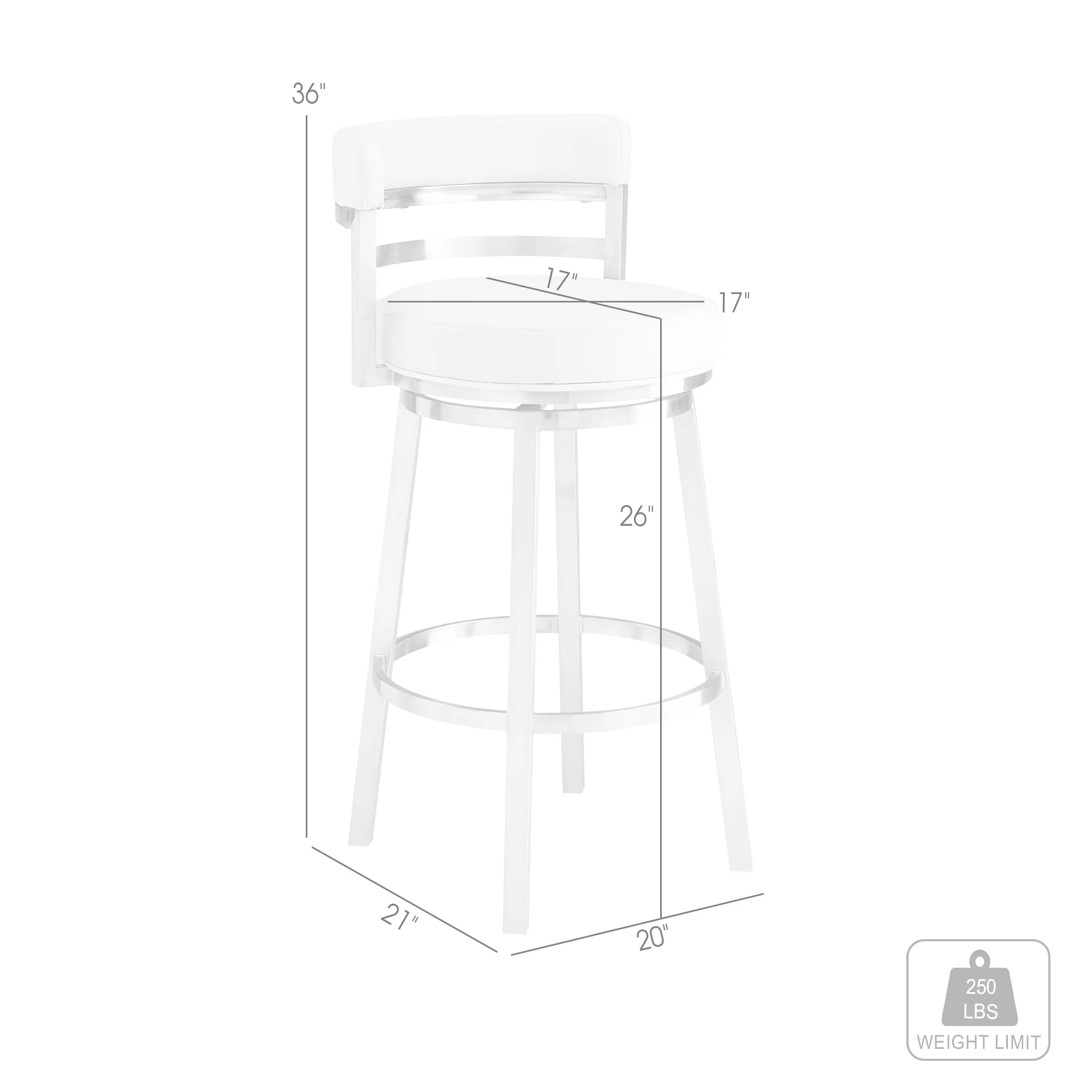 Titana 26" Counter Height Swivel White Faux Leather and Brushed Stainless Steel Bar Stool By Armen Living - Image 9