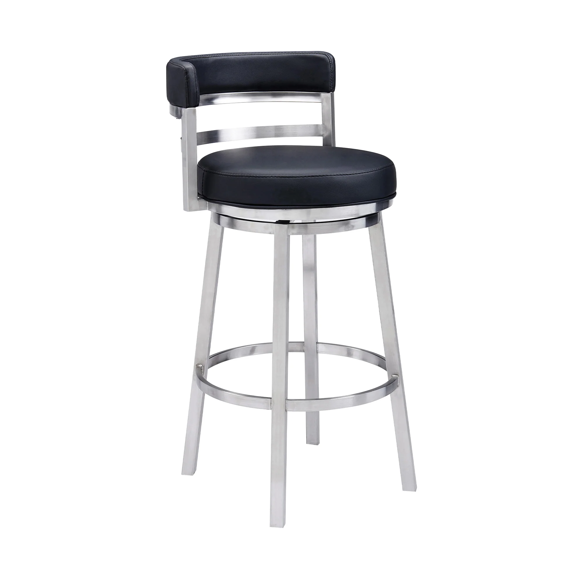 Titana 30" Bar Height Swivel Black Faux Leather and Brushed Stainless Steel Bar Stool By Armen Living - Image 2