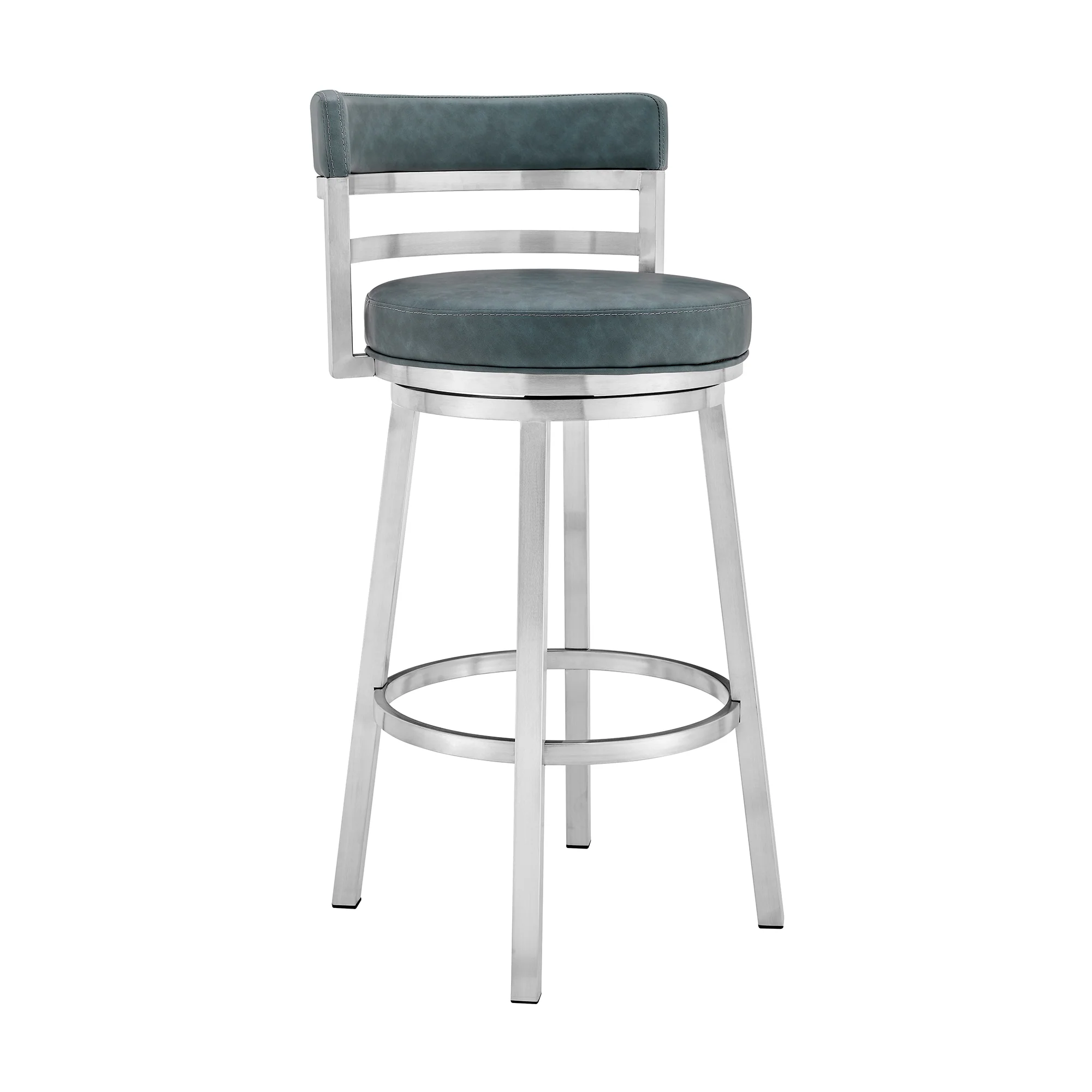 Titana 30" Bar Height Swivel Blue Faux Leather and Brushed Stainless Steel Bar Stool By Armen Living - Image 2