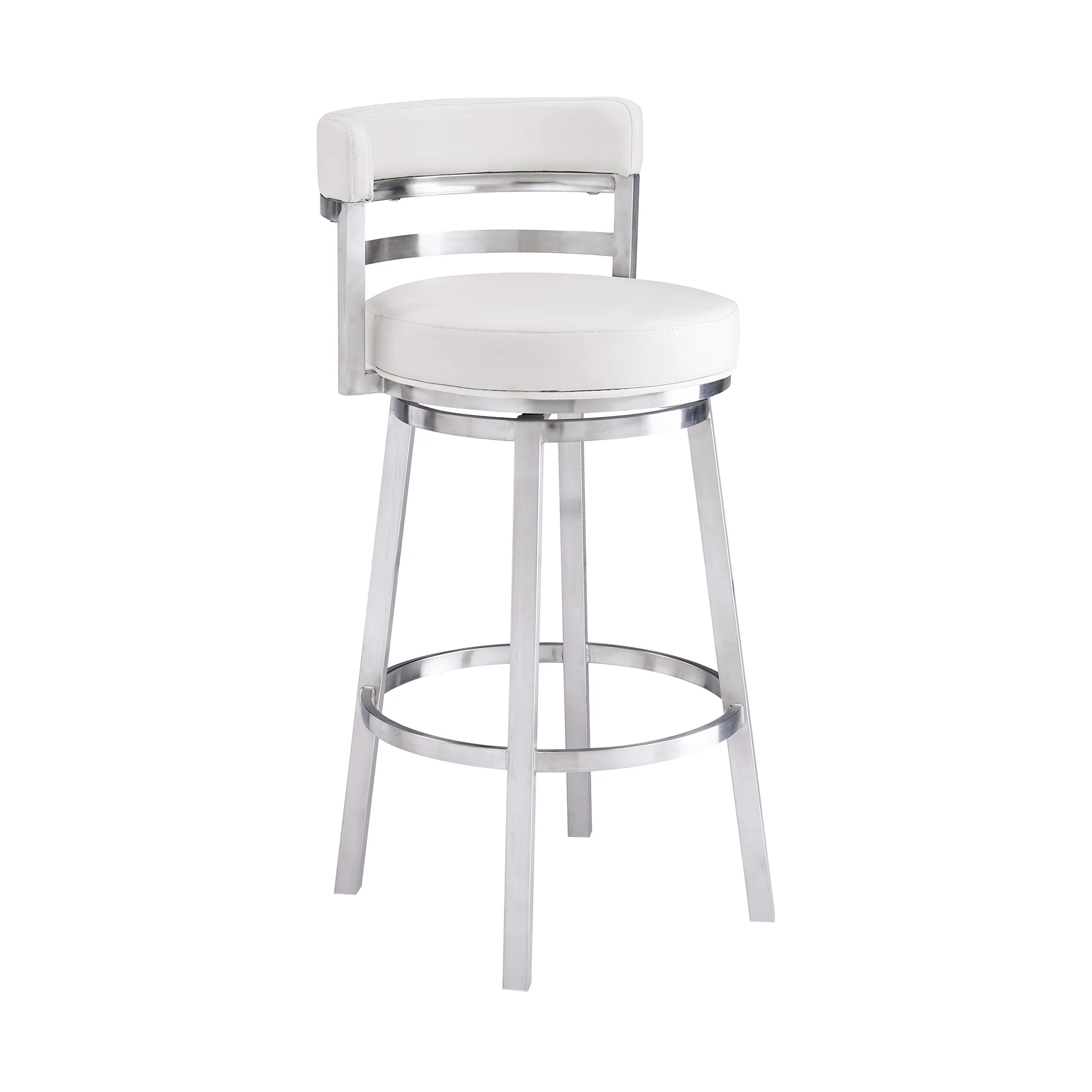 Titana 30" Bar Height Swivel White Faux Leather and Brushed Stainless Steel Bar Stool By Armen Living - Image 2