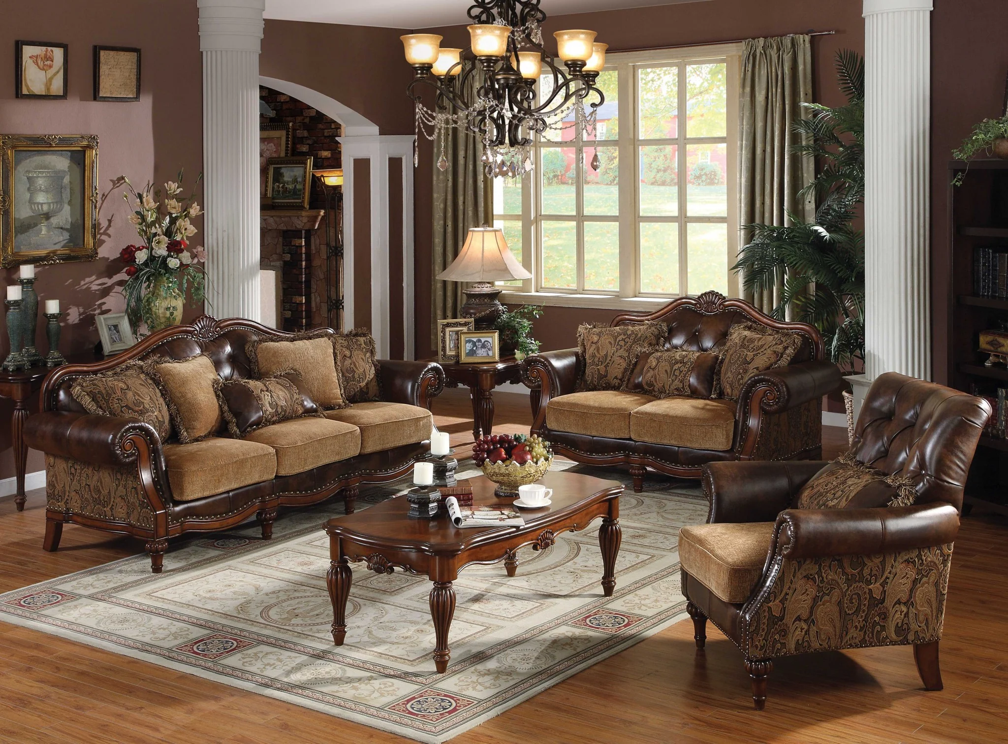 Tone Brown PU Chenille Upholstery Wood Sofa w Pillows By Homeroots - Image 2