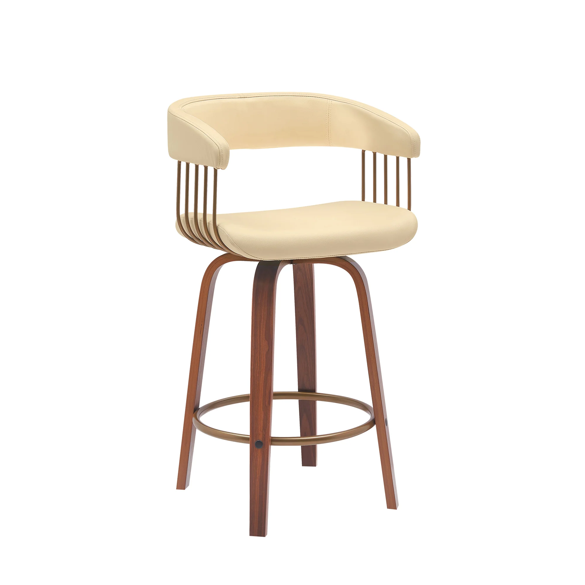 Topanga 26" Swivel Walnut Wood Counter Stool in Cream Faux Leather with Golden Bronze Metal By Armen Living - Image 2