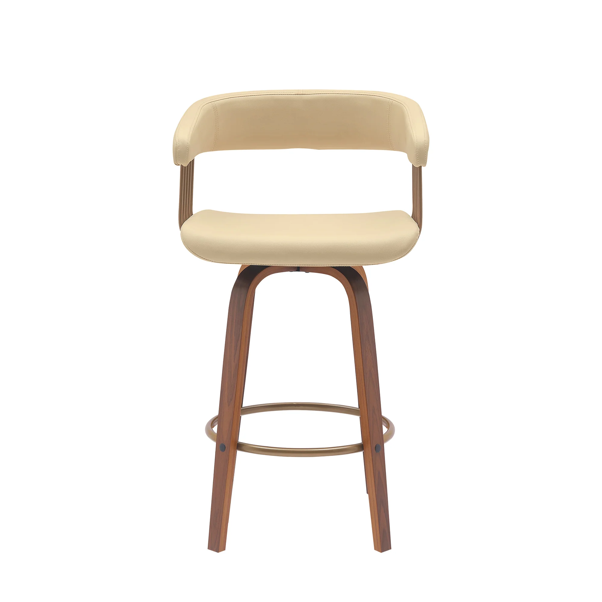 Topanga 26" Swivel Walnut Wood Counter Stool in Cream Faux Leather with Golden Bronze Metal By Armen Living - Image 3