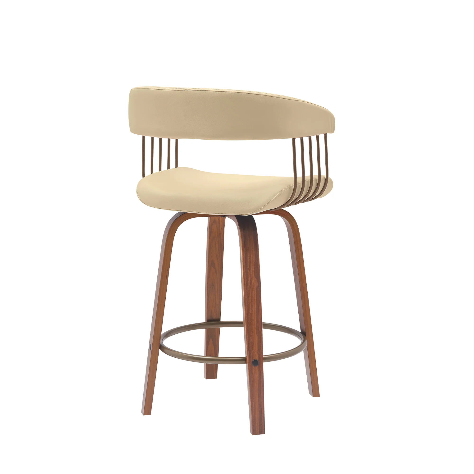 Topanga 26" Swivel Walnut Wood Counter Stool in Cream Faux Leather with Golden Bronze Metal By Armen Living - Image 4