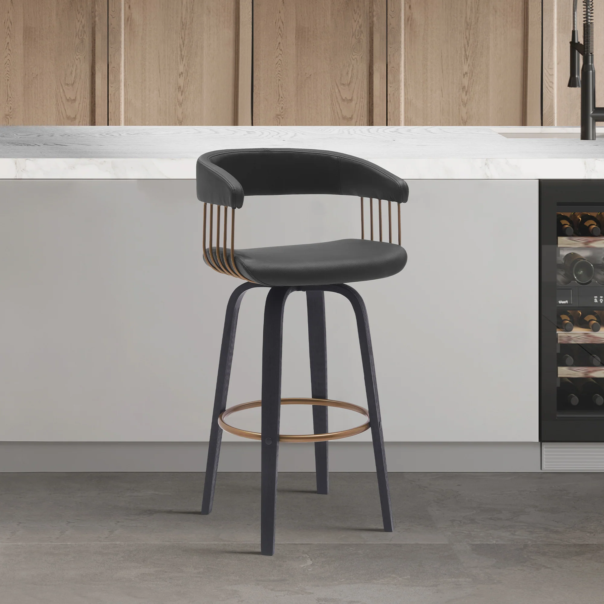Topanga 26" Swivel Walnut Wood Counter Stool in Cream Faux Leather with Golden Bronze Metal By Armen Living - Image 9