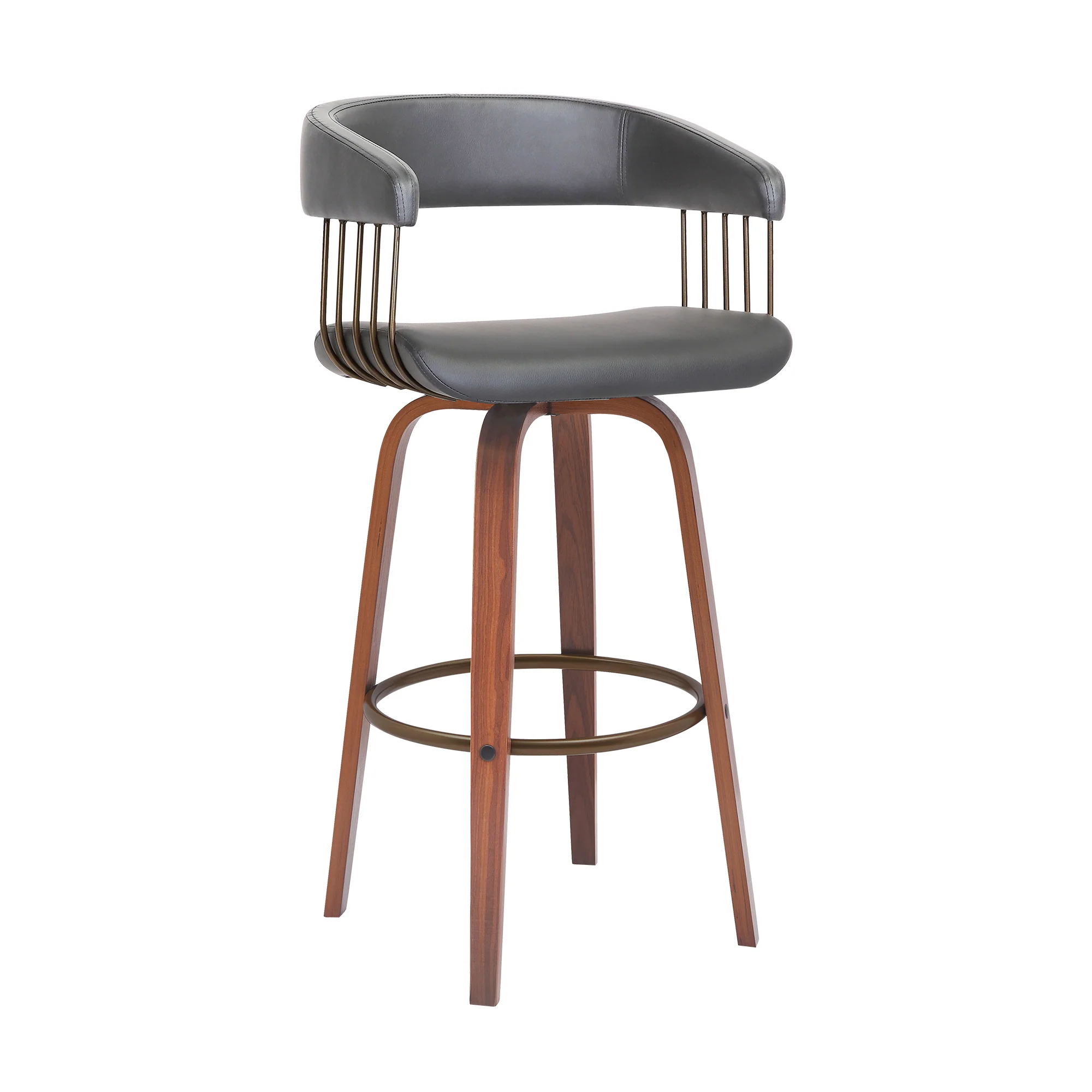 Topanga 26" Swivel Walnut Wood Counter Stool in Gray Faux Leather with Golden Bronze Metal By Armen Living - Image 2
