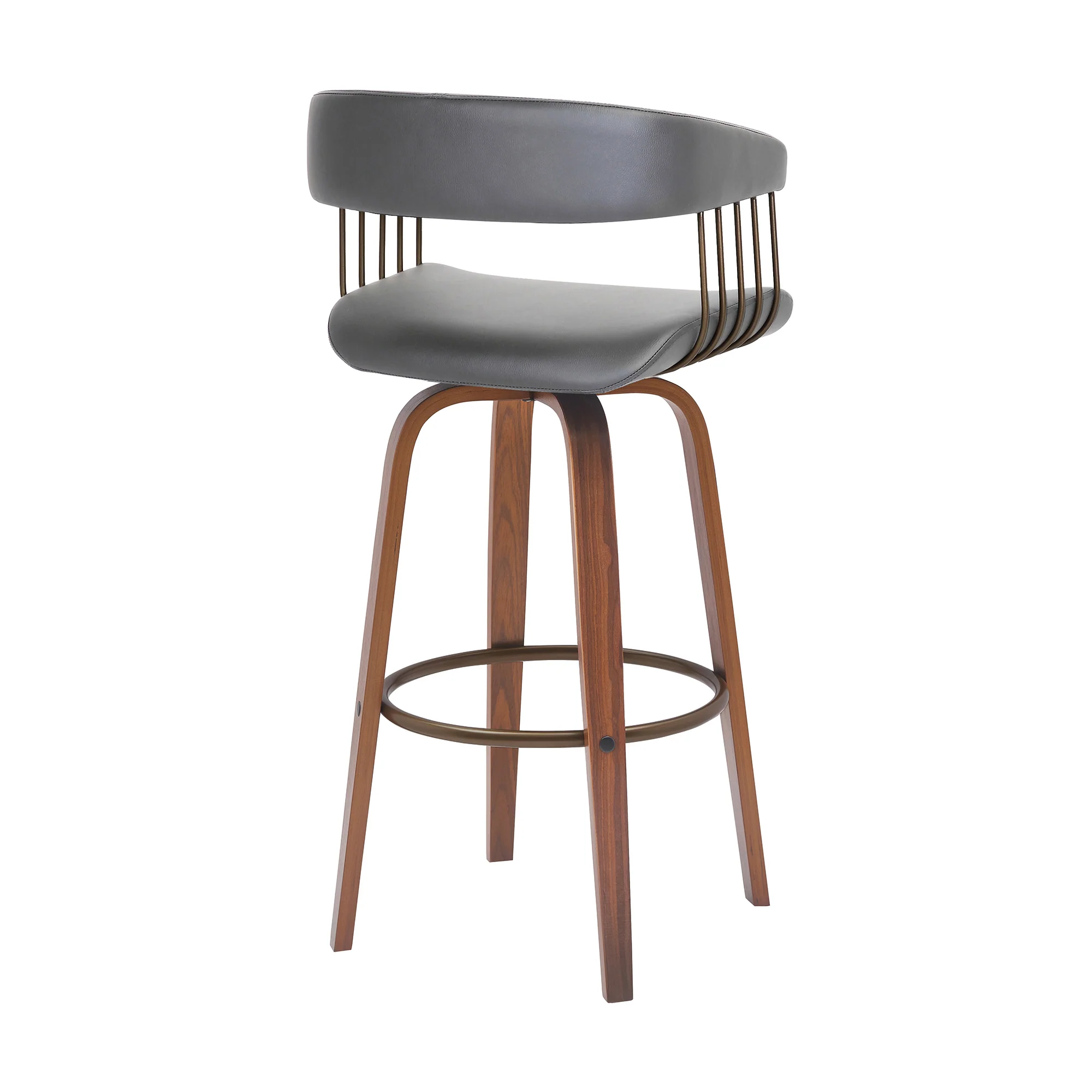 Topanga 26" Swivel Walnut Wood Counter Stool in Gray Faux Leather with Golden Bronze Metal By Armen Living - Image 4