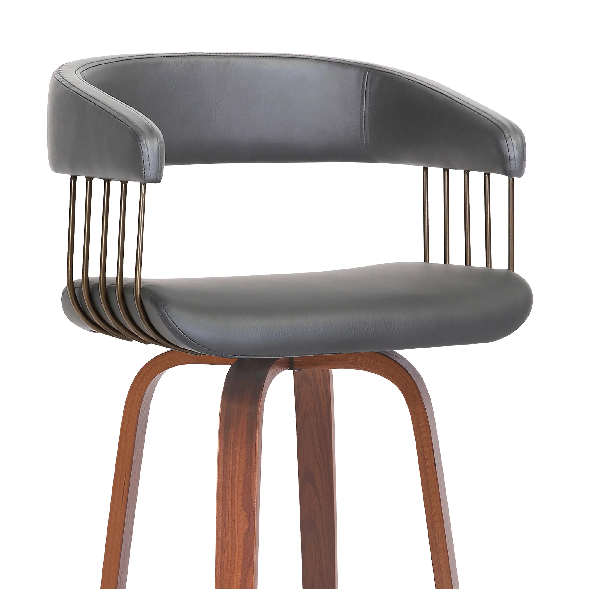 Topanga 26" Swivel Walnut Wood Counter Stool in Gray Faux Leather with Golden Bronze Metal By Armen Living - Image 5