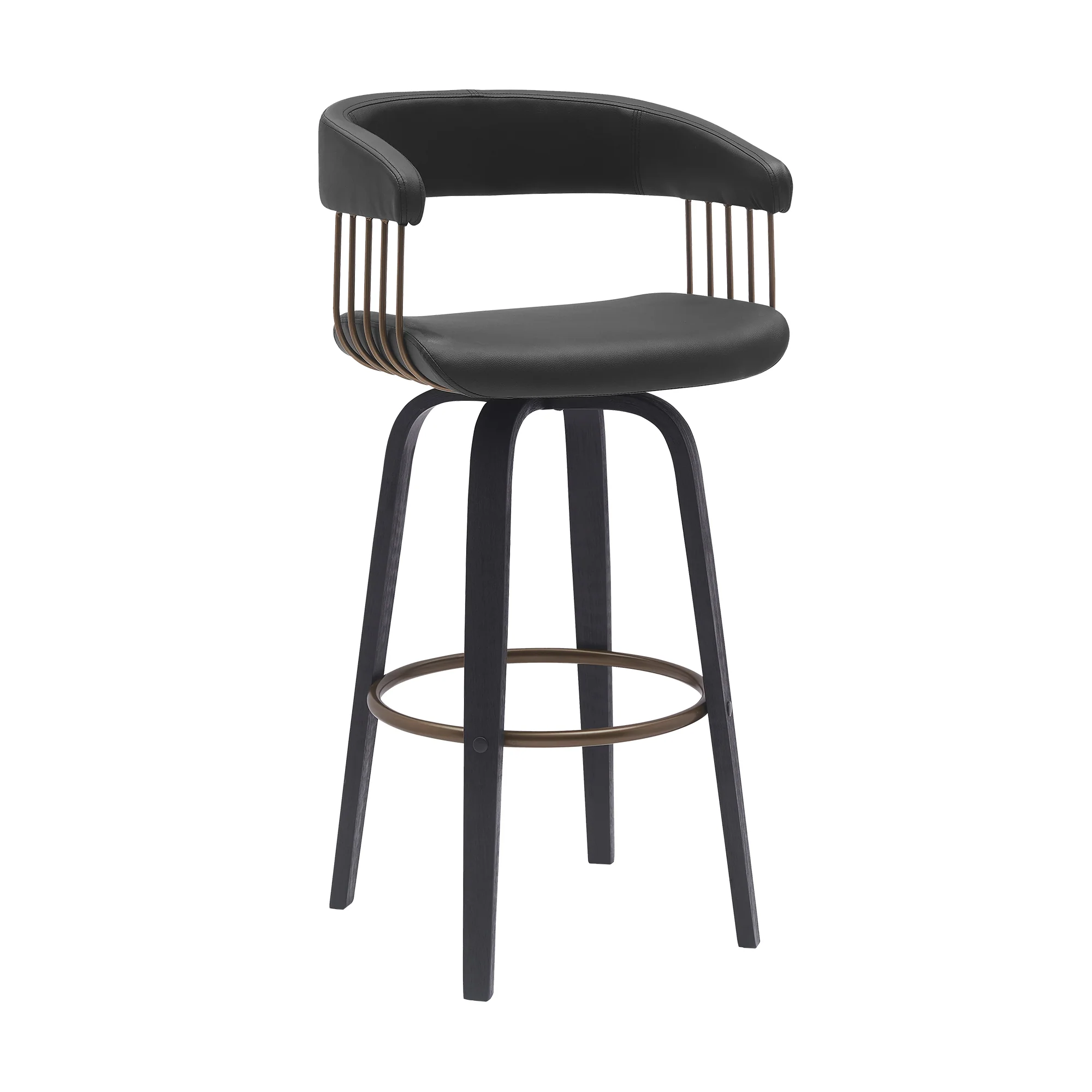 Topanga 30.5" Swivel Black Wood Bar Stool in Black Faux Leather with Golden Bronze Metal By Armen Living - Image 2