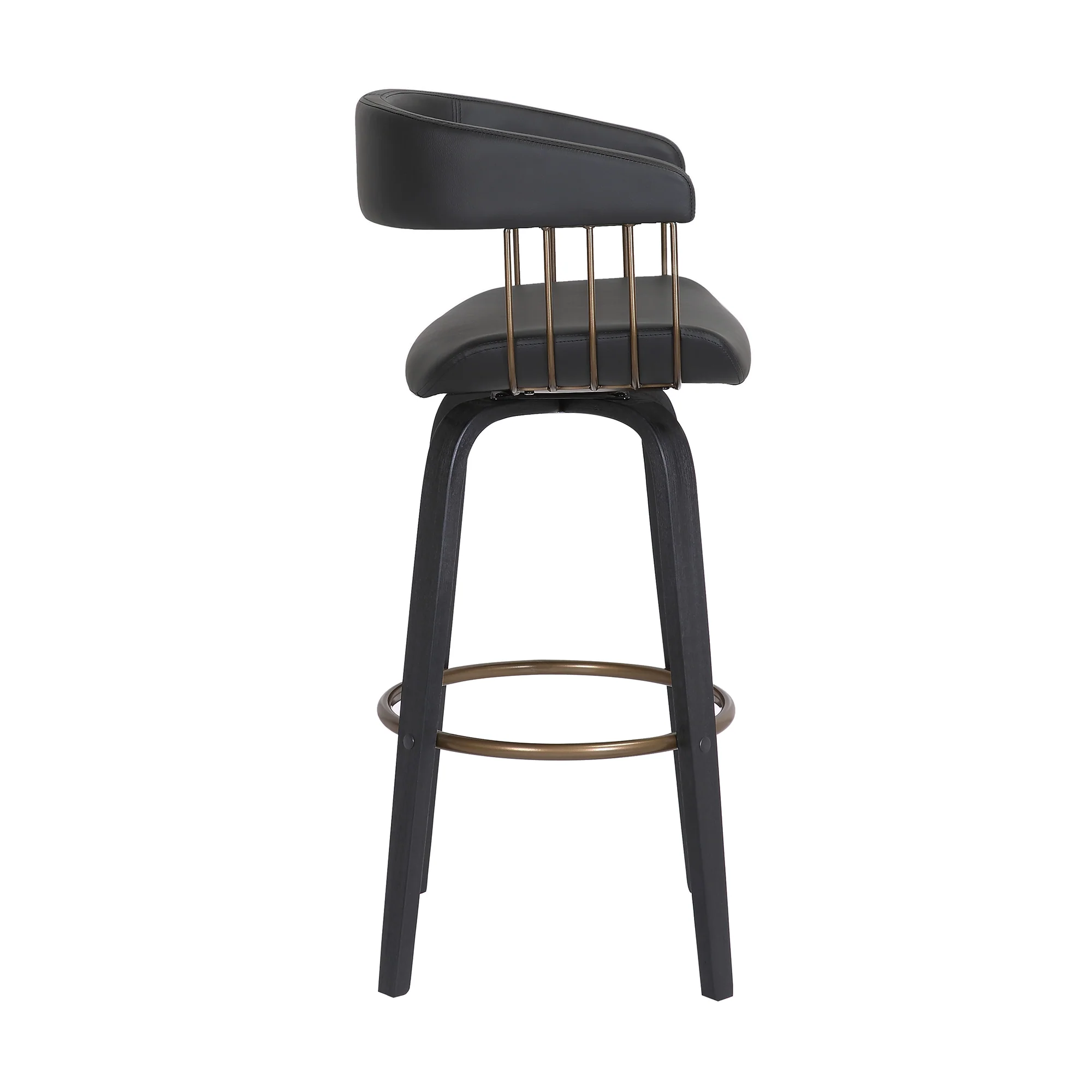 Topanga 30.5" Swivel Black Wood Bar Stool in Black Faux Leather with Golden Bronze Metal By Armen Living - Image 4