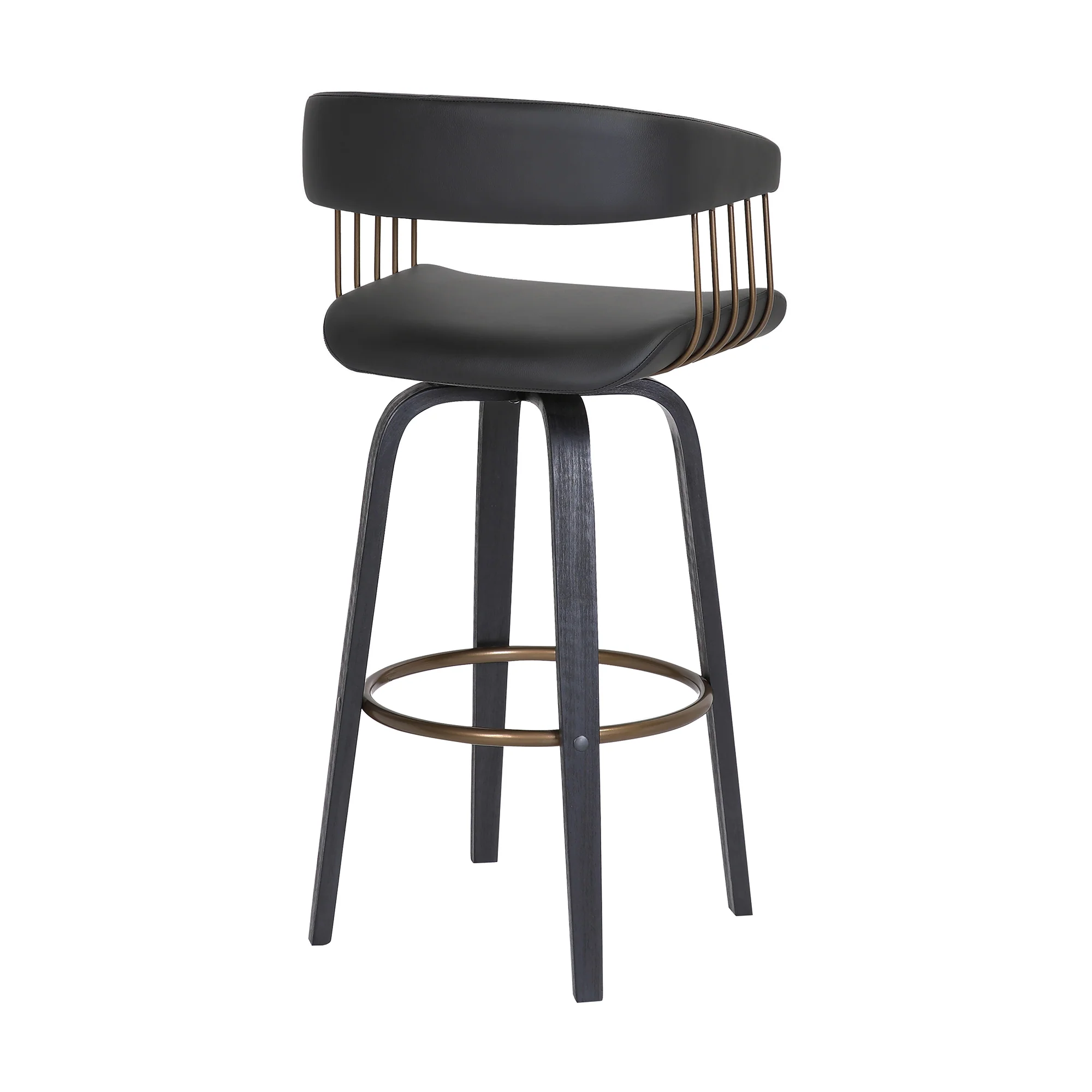 Topanga 30.5" Swivel Black Wood Bar Stool in Black Faux Leather with Golden Bronze Metal By Armen Living - Image 5