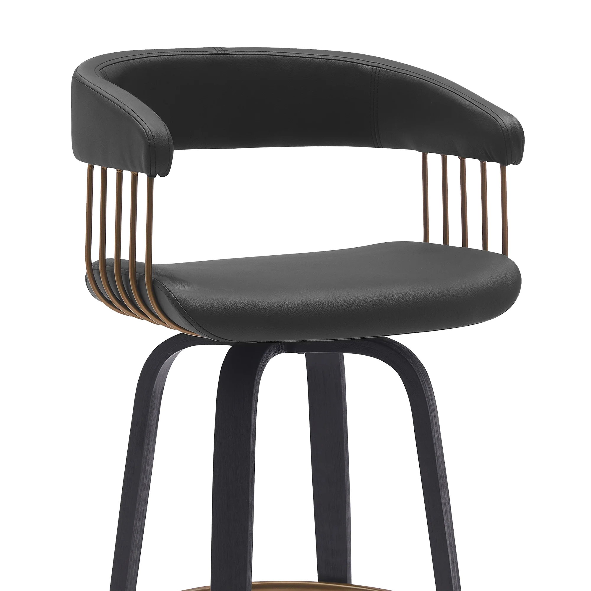 Topanga 30.5" Swivel Black Wood Bar Stool in Black Faux Leather with Golden Bronze Metal By Armen Living - Image 6