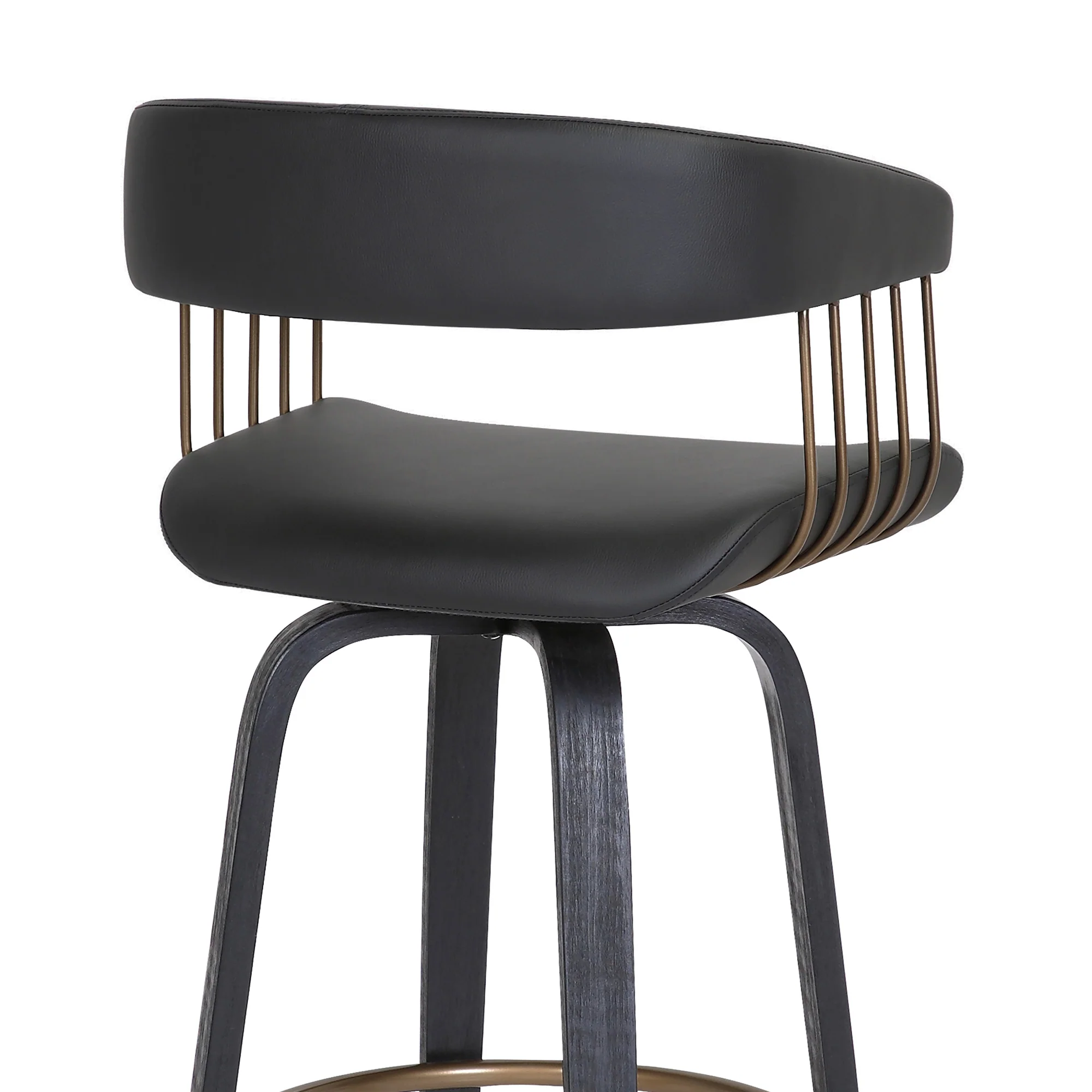 Topanga 30.5" Swivel Black Wood Bar Stool in Black Faux Leather with Golden Bronze Metal By Armen Living - Image 7