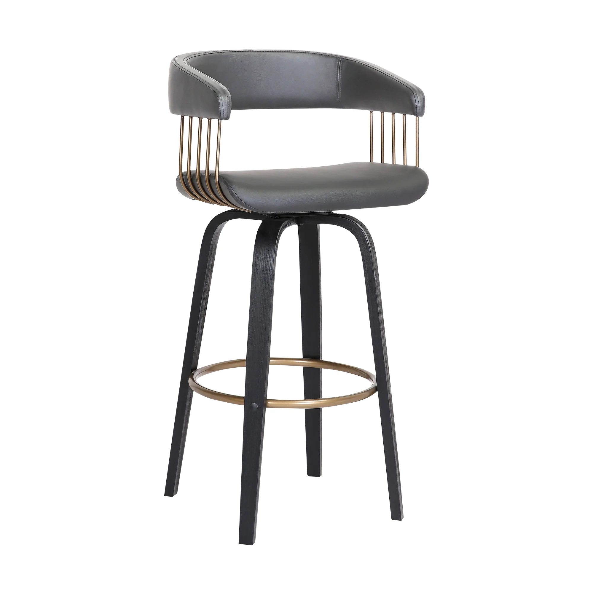Topanga 30.5" Swivel Black Wood Bar Stool in Grey Faux Leather with Golden Bronze Metal By Armen Living - Image 2
