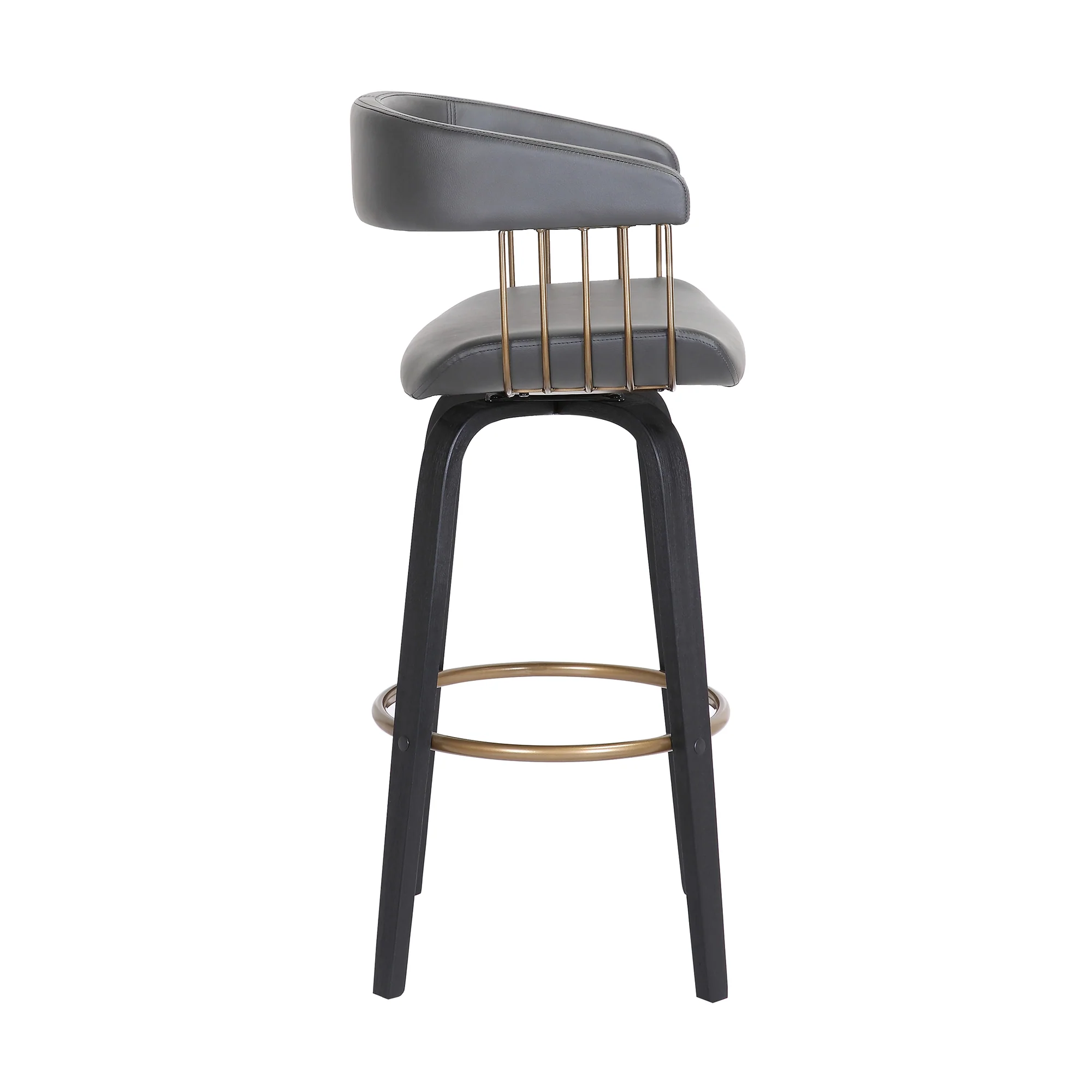 Topanga 30.5" Swivel Black Wood Bar Stool in Grey Faux Leather with Golden Bronze Metal By Armen Living - Image 4