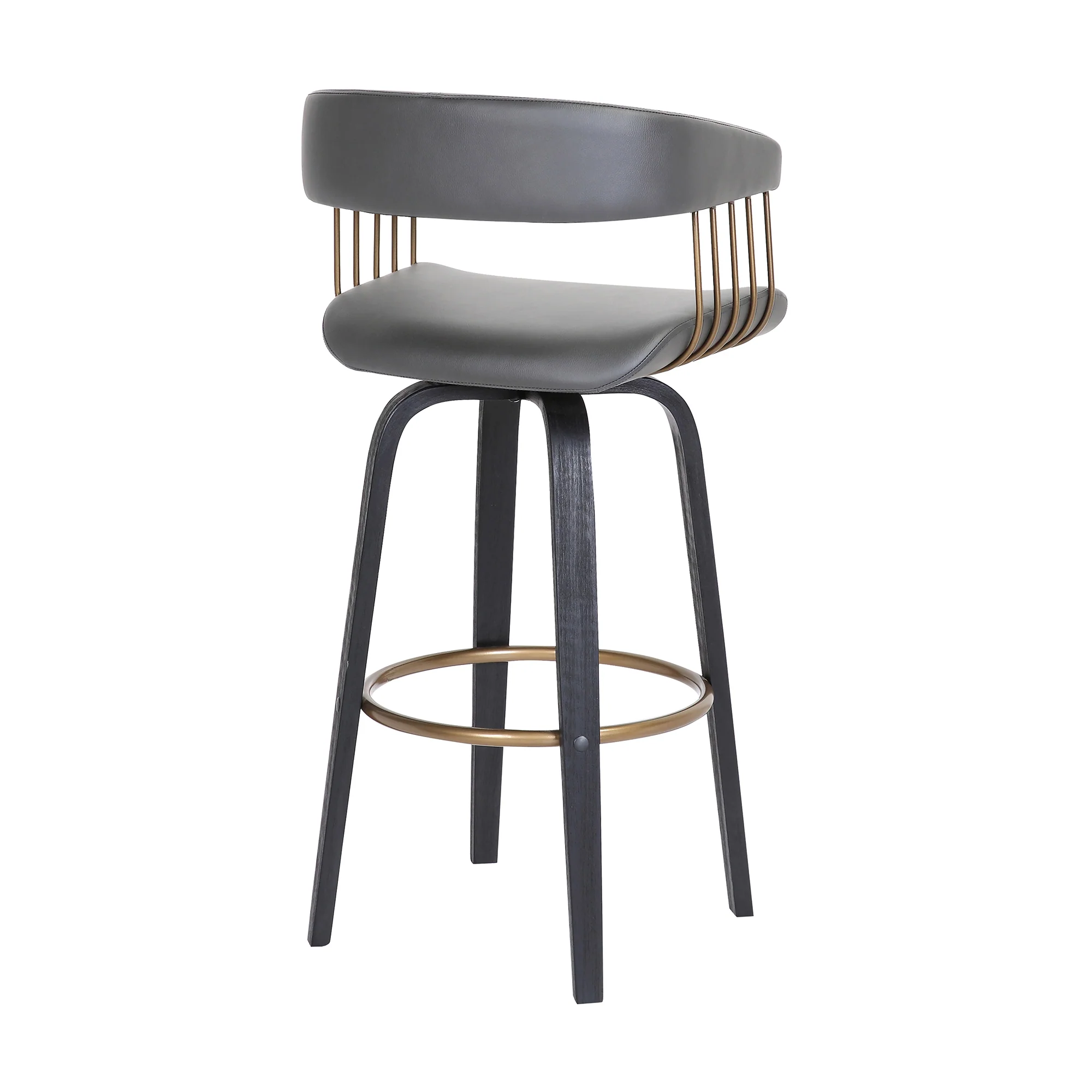 Topanga 30.5" Swivel Black Wood Bar Stool in Grey Faux Leather with Golden Bronze Metal By Armen Living - Image 5