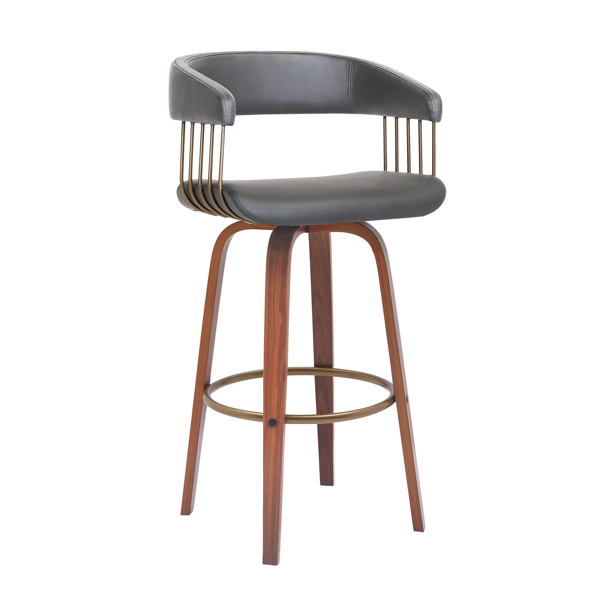 Topanga 30.5" Swivel Walnut Wood Bar Stool in Cream Faux Leather with Golden Bronze Metal By Armen Living - Image 10