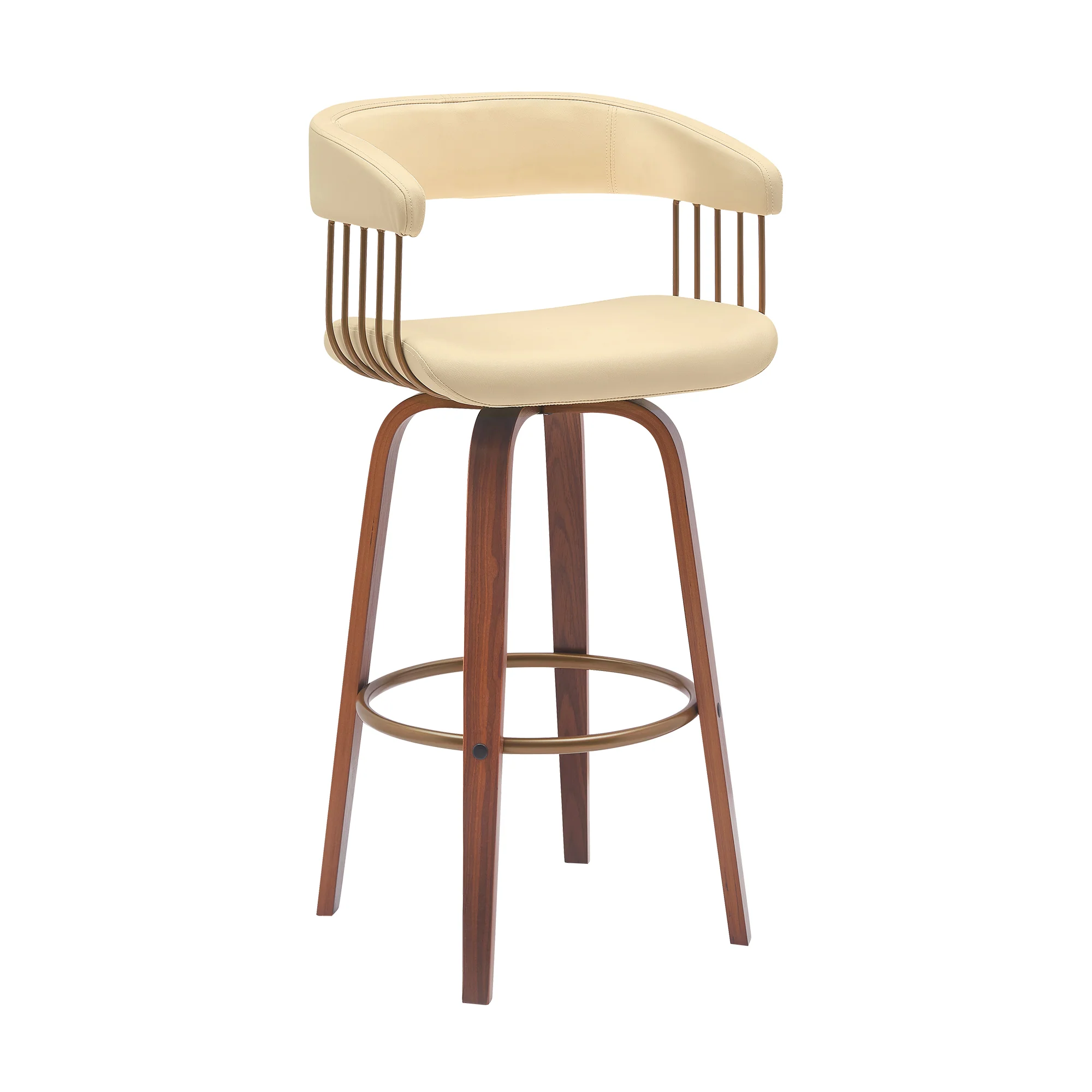 Topanga 30.5" Swivel Walnut Wood Bar Stool in Cream Faux Leather with Golden Bronze Metal By Armen Living - Image 2