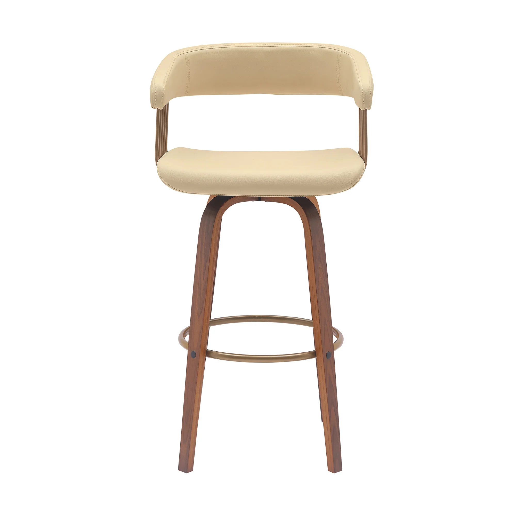 Topanga 30.5" Swivel Walnut Wood Bar Stool in Cream Faux Leather with Golden Bronze Metal By Armen Living - Image 3