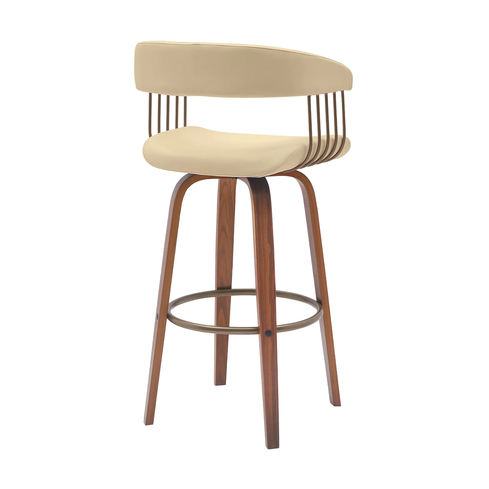 Topanga 30.5" Swivel Walnut Wood Bar Stool in Cream Faux Leather with Golden Bronze Metal By Armen Living - Image 4