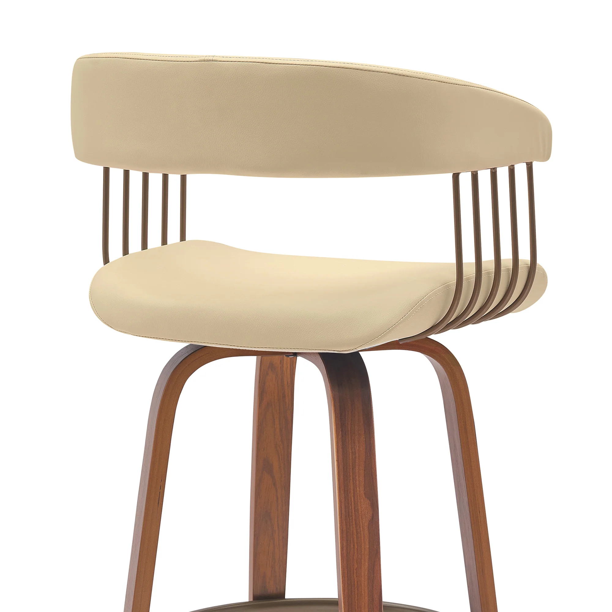 Topanga 30.5" Swivel Walnut Wood Bar Stool in Cream Faux Leather with Golden Bronze Metal By Armen Living - Image 5