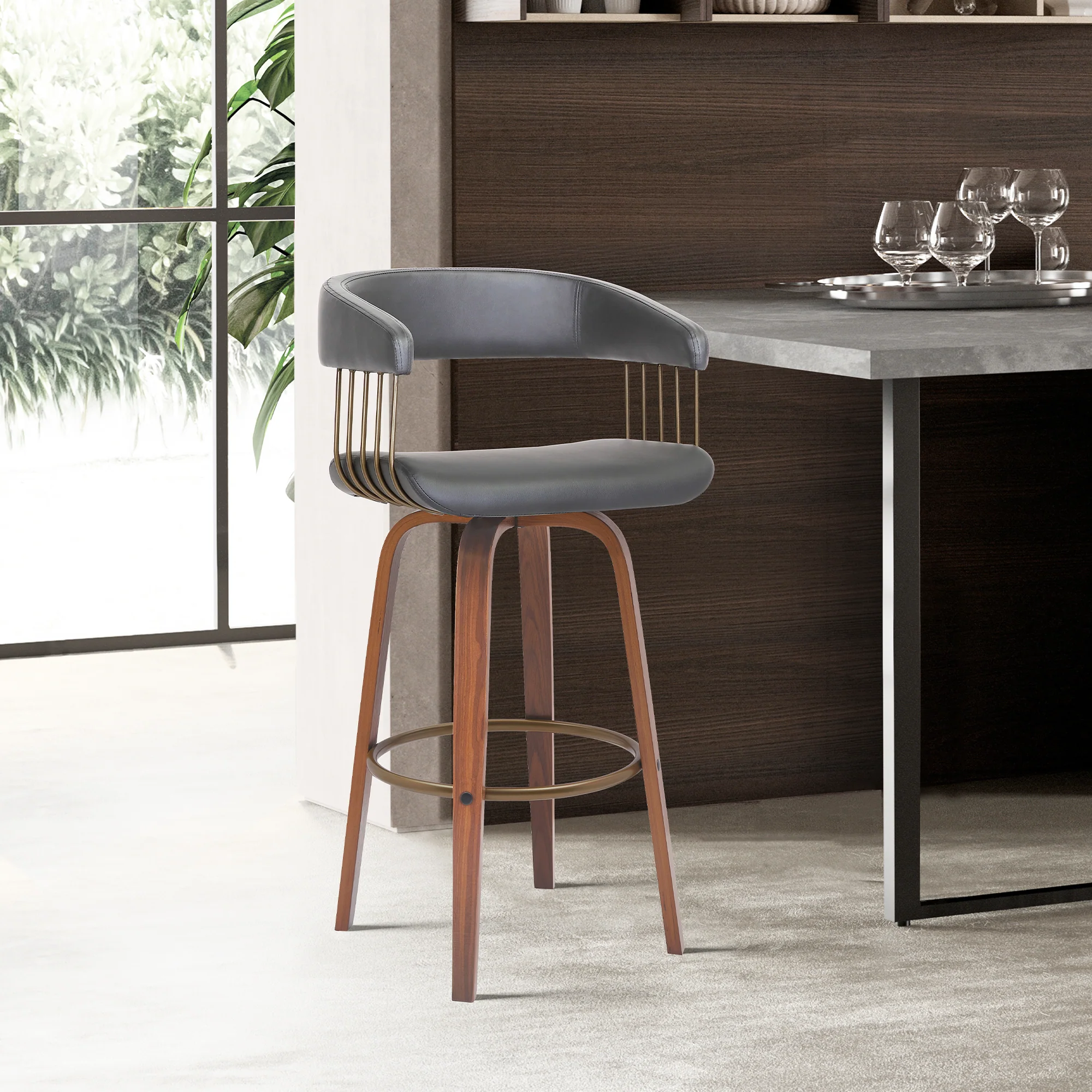 Topanga 30.5" Swivel Walnut Wood Bar Stool in Cream Faux Leather with Golden Bronze Metal By Armen Living - Image 9