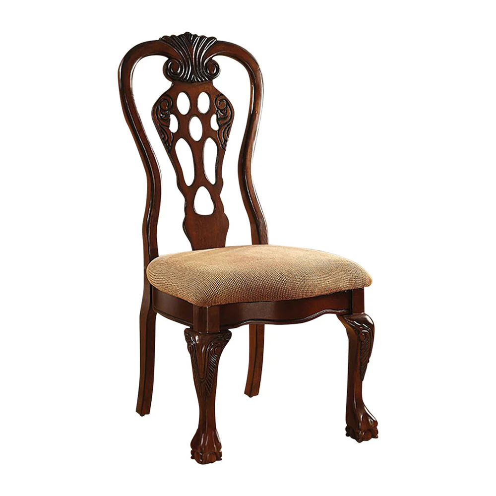 Traditional Fabric Upholstered Wooden Side Chair, Set Of 2, Brown By Benzara - Image 2
