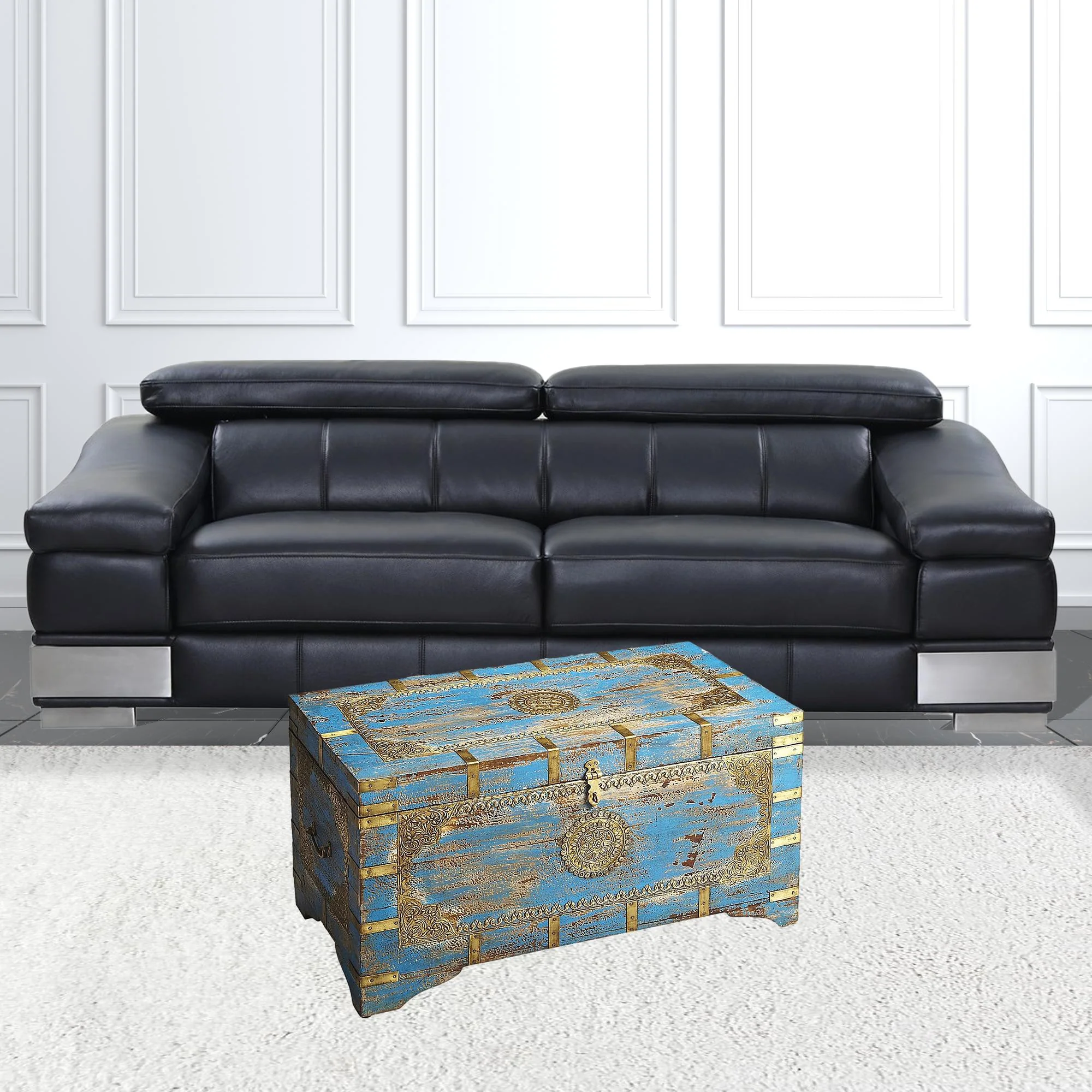 Traditional Hand Painted Brass Inlay Storage Trunk By Homeroots - Image 3