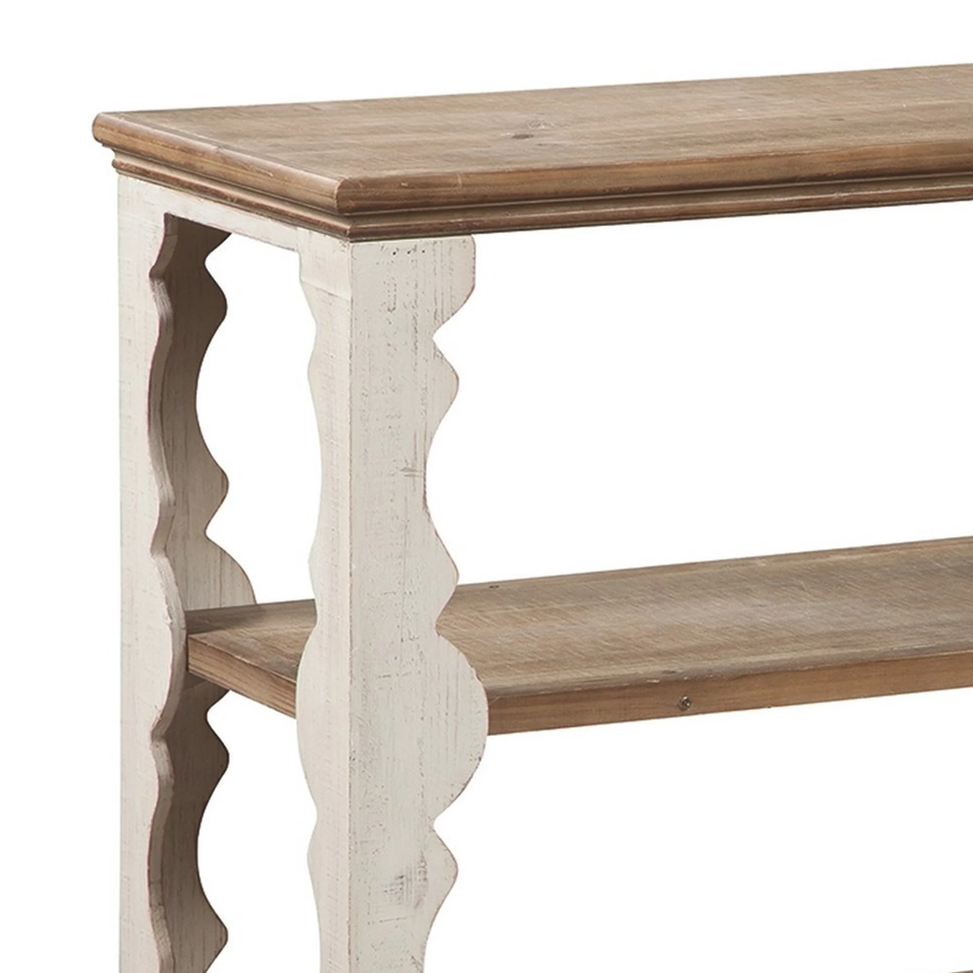 Traditional Style Console Sofa Table With Scalloped Design White And Brown By Benzara - Image 4
