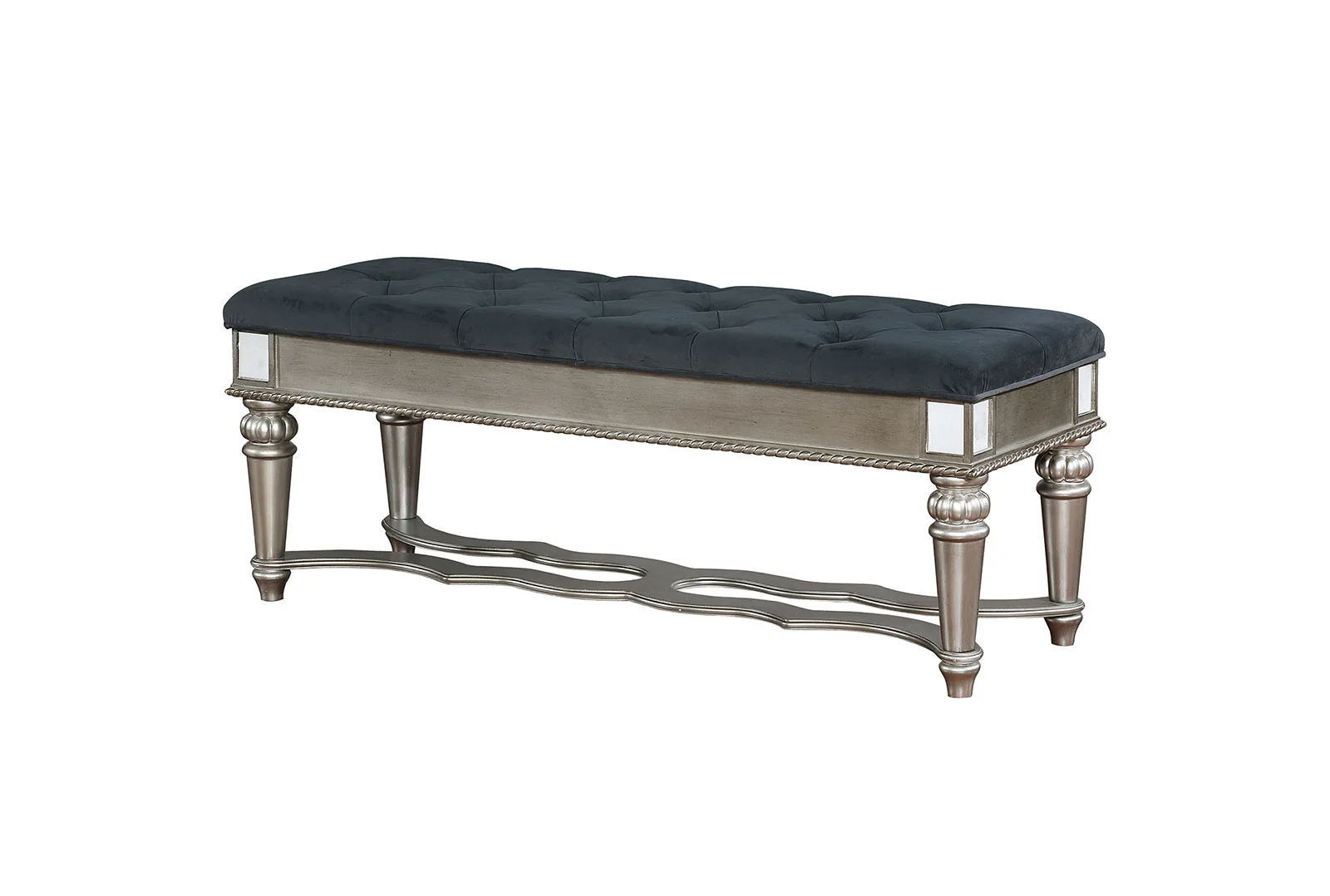 Traditional Style Solid Wooden Bench with Tufted Seat, Silver and Blue By Benzara - Image 2
